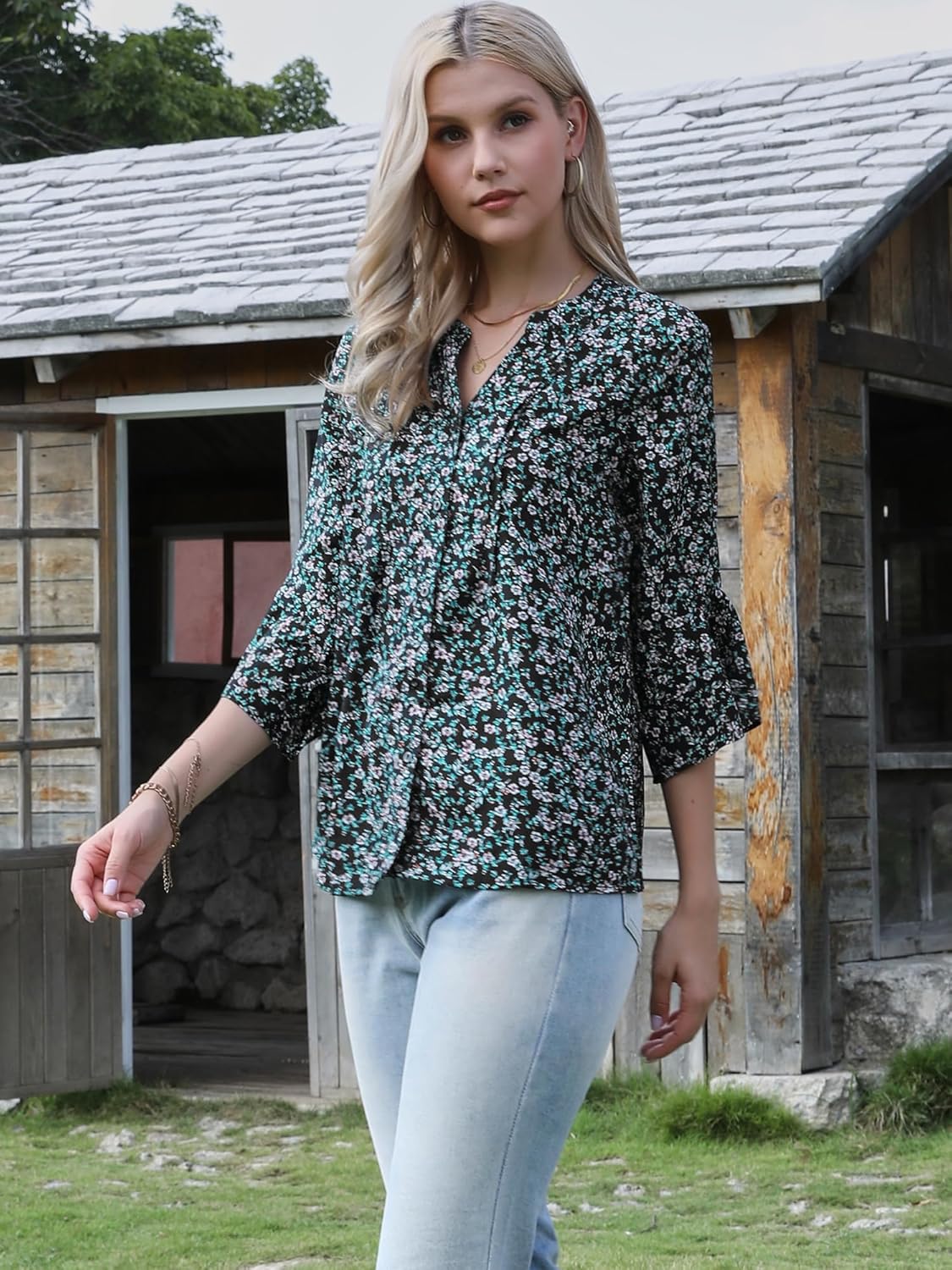 Allegra K Spring Blouses for Women's 2026 Tops V Neck 3/4 Sleeves Vintage Casual Floral Shirts - Image 3
