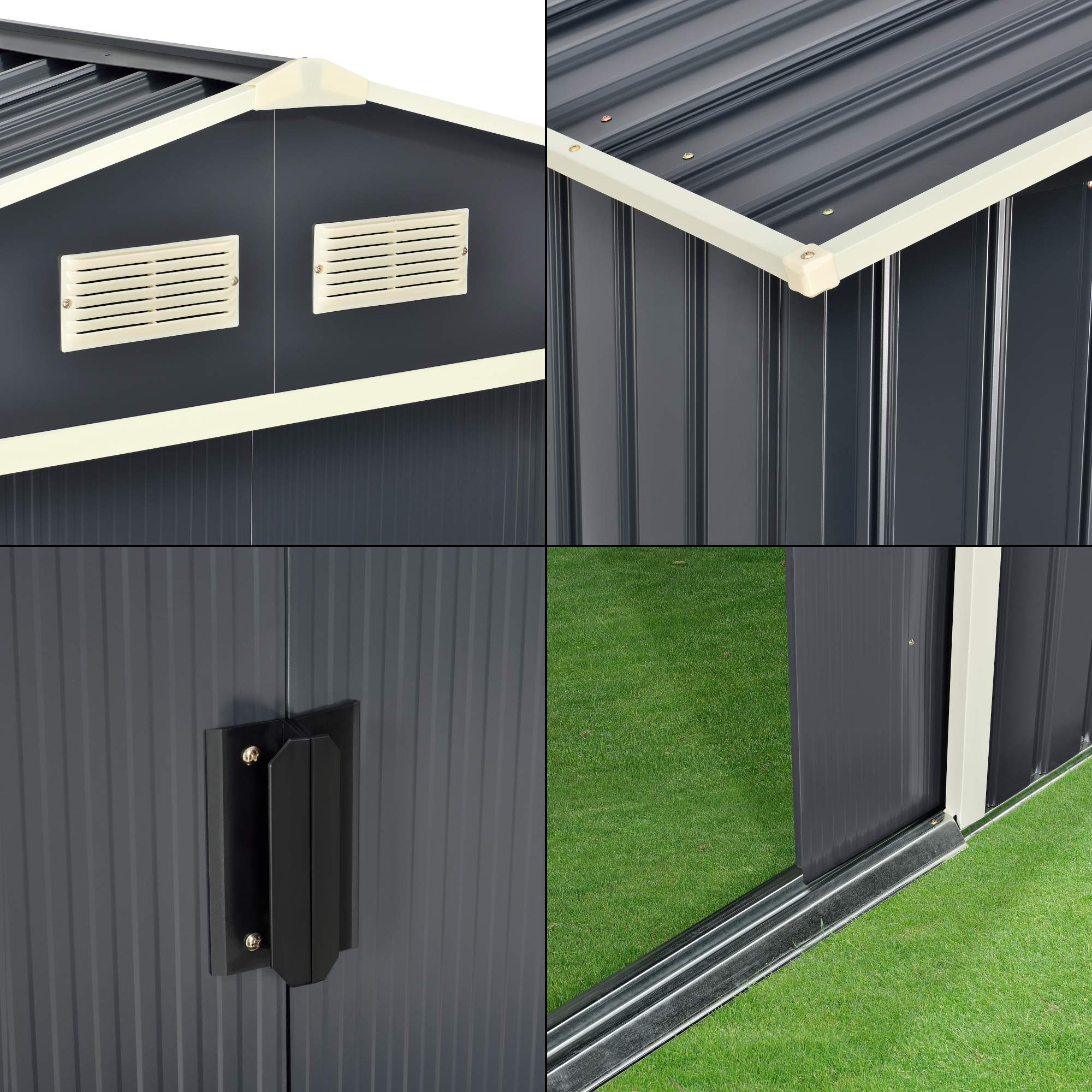 [en.casa] Casetta da Giardino con Doppia Porta Scorrevole Box Capanno Porta Attrezzi Ripostiglio da Esterno in Lamiera con Telaio in Metallo Tetto Inclinato 277x319x192 cm - Grigio Scuro