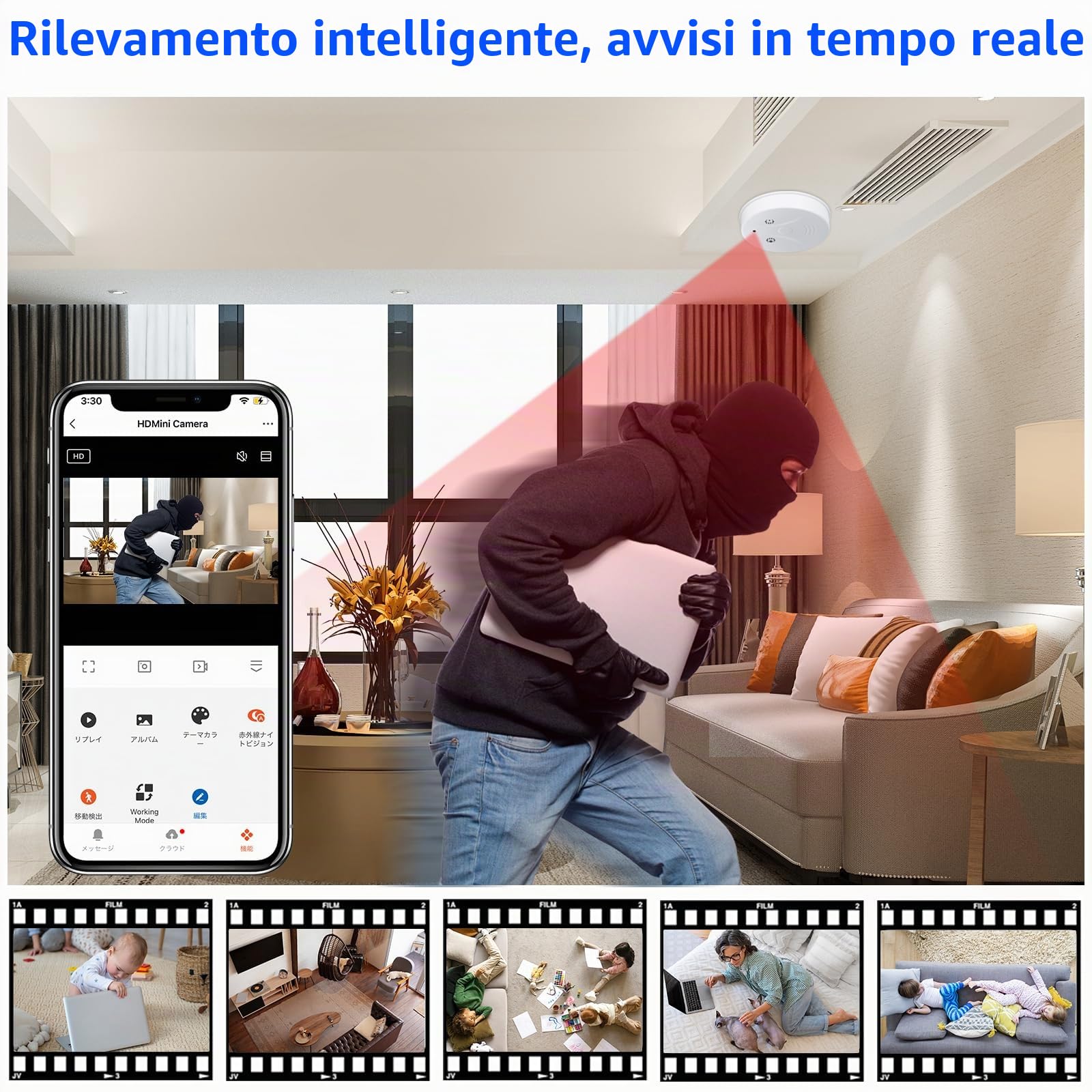 Telecamera Spia WiFi,Mini Telecamera Nascosta con Rilevatore di Fumo HD | 1080 Spy Cam 2,4/5 GHz Microcamera,Visione Notturna, Rilevamento del Movimento per interne