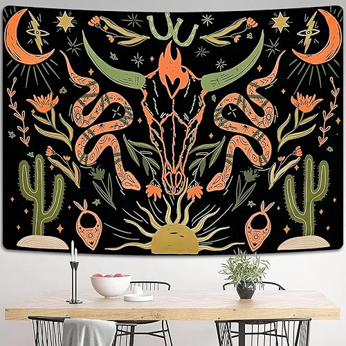 Miniatura 6 de Uspring Tapiz de calavera de vaca, tapiz de serpiente trippy, tapiz estético con plantas florales, cactus y sol, luna, estrellas, tapiz vintage de