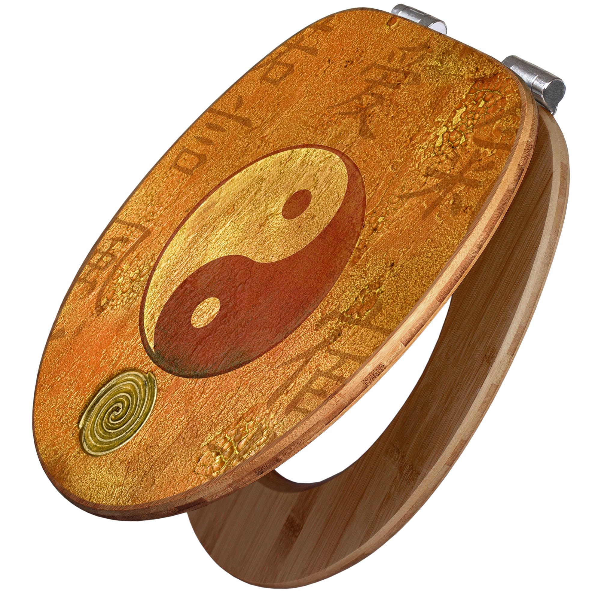 banjado Design WC Sitz Bambus Absenkautomatik 45,8x37,5cm - Toilettendeckel mit Absenkautomatik Holz - hochwertiger Bambus Klodeckel - WC-Sitz für gängigen Toiletten - Motiv Yin Yang