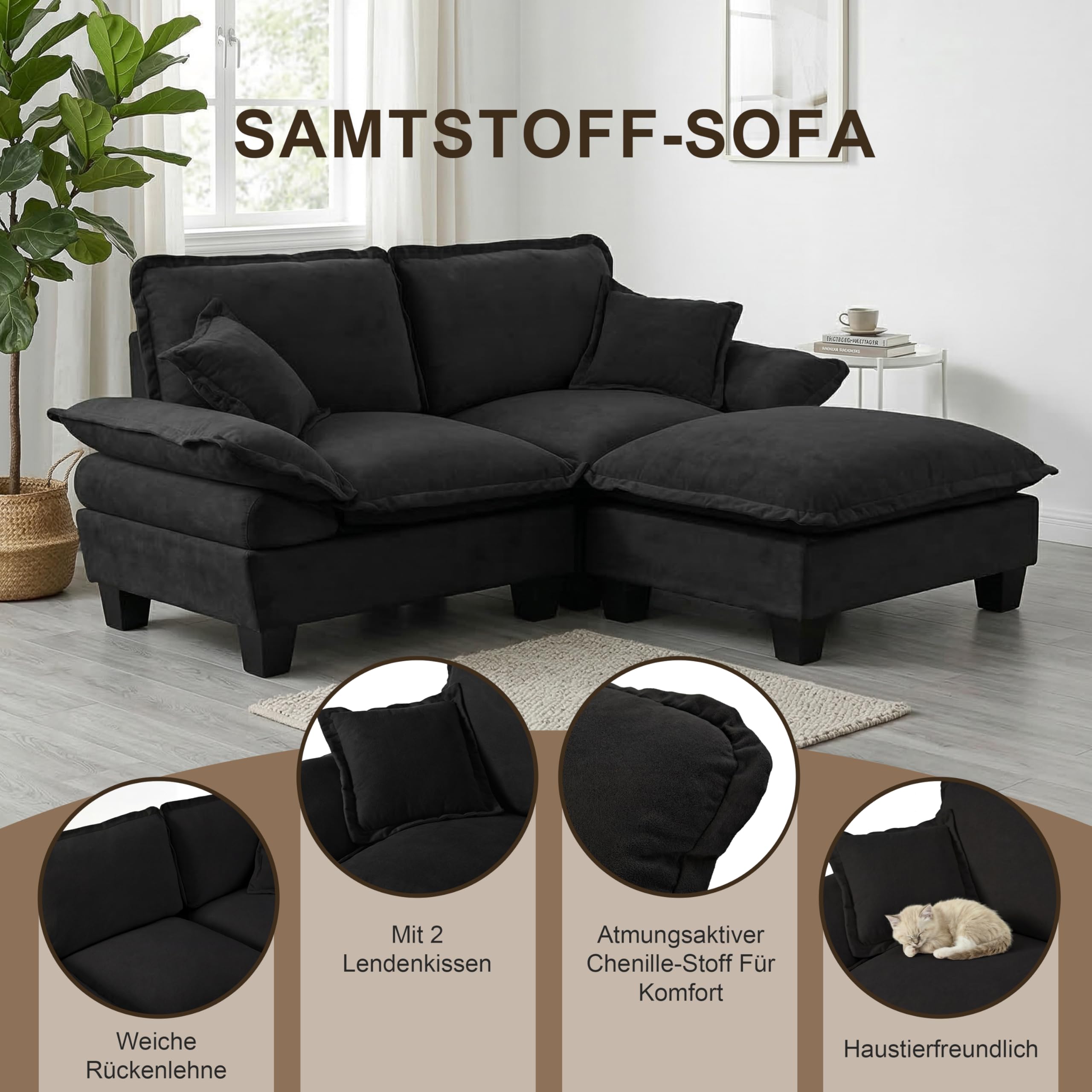 Bladez Sofá modular de 2 plazas, sofá esquinero con otomana, sofá tapizado en forma de L, para sala de estar, apartamento, muebles de salón, color negro
