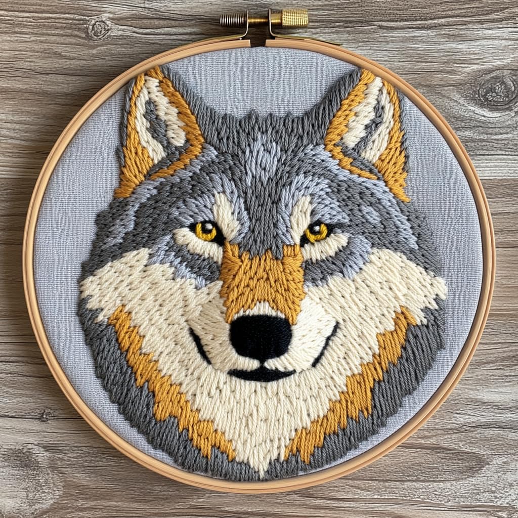 DIY Punch Needle Kits Cartoon Grey Wolf Head with Hoop 20x20cm-4