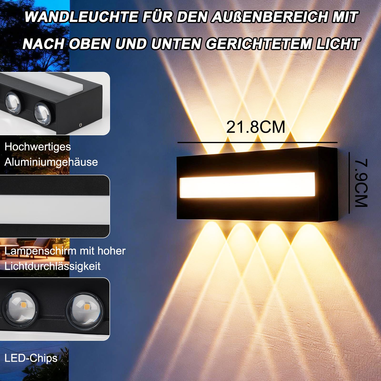 4PCS LED Wandlampe für Innen und Außen - 3000K IP65 Wasserdicht Wandlampe mit 8 Lichtquellen, 12W Aluminium LED Lampe, Wandleuchten, Up and Down Leuchten Innen, Garten, Flur, Balkon, Treppenhaus