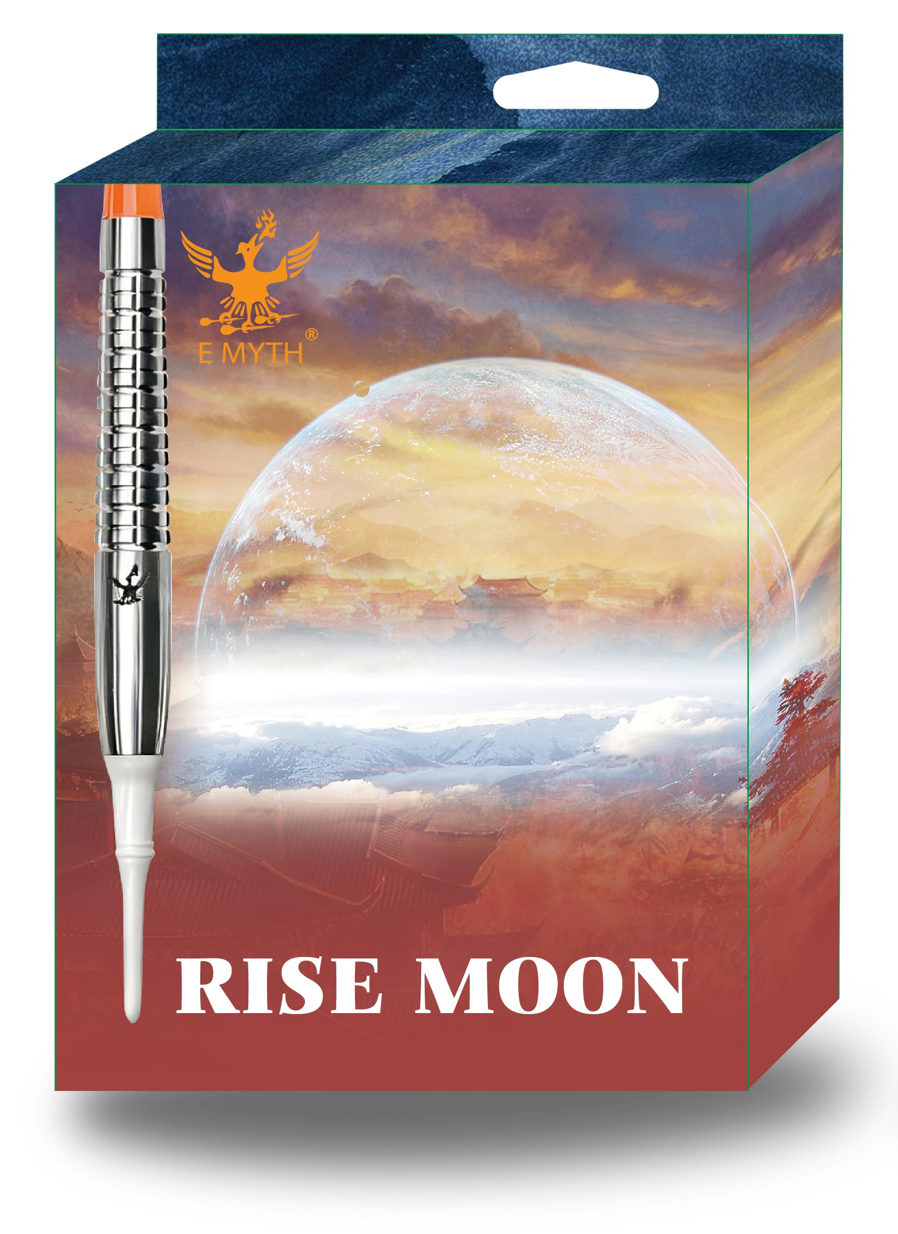 Zestaw strzałek E MYTH Rise Moon z miękką końcówką, beczka z 90% wolframu, gwint 2BA do elektronicznych tarcz, komplet z trzonami, lotkami i etui