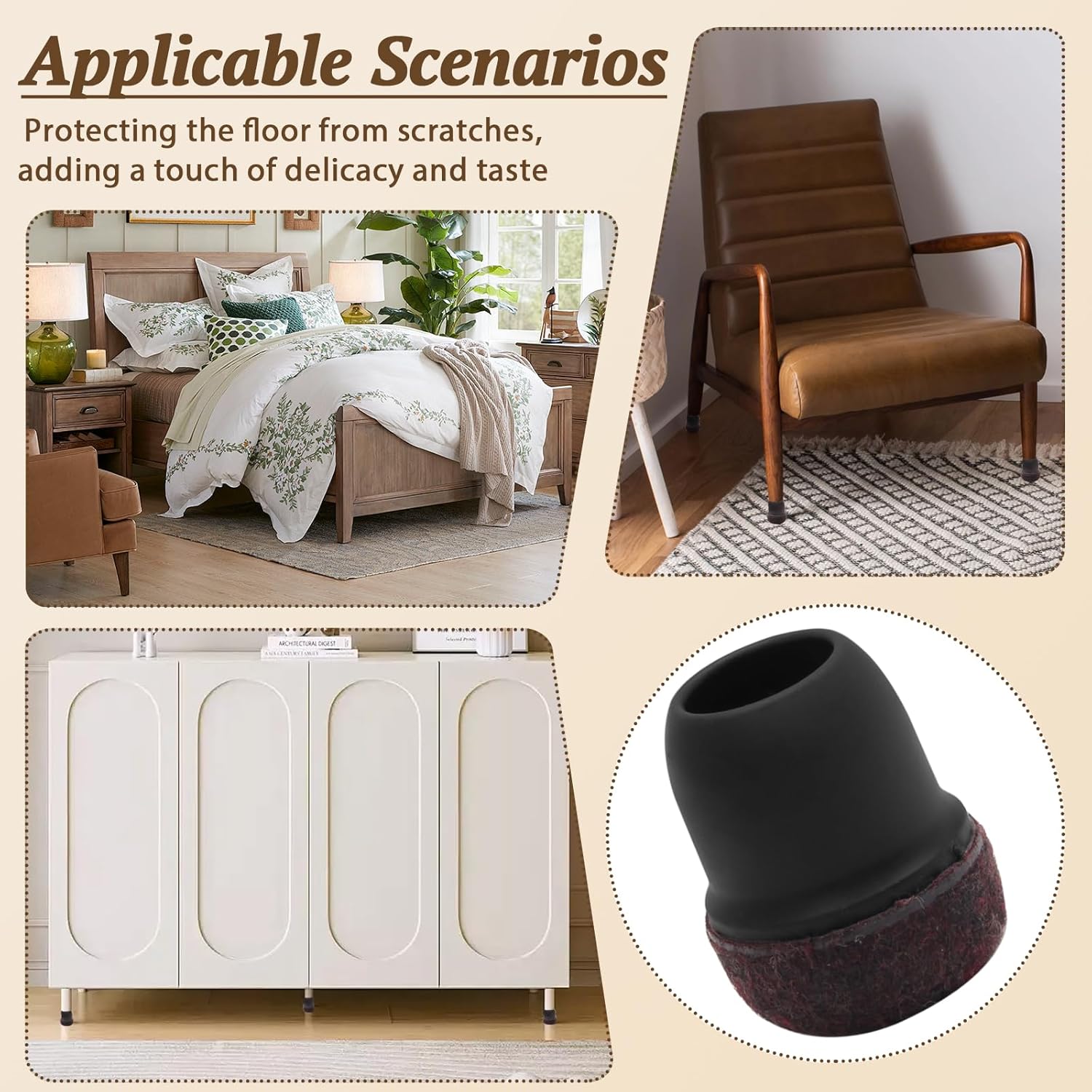 椅子脚フロアプロテクター フェルト付き ブラックラウンドチェア脚先端キャップ 滑り止め家具脚キャップカバー 直径0.55インチ~0.