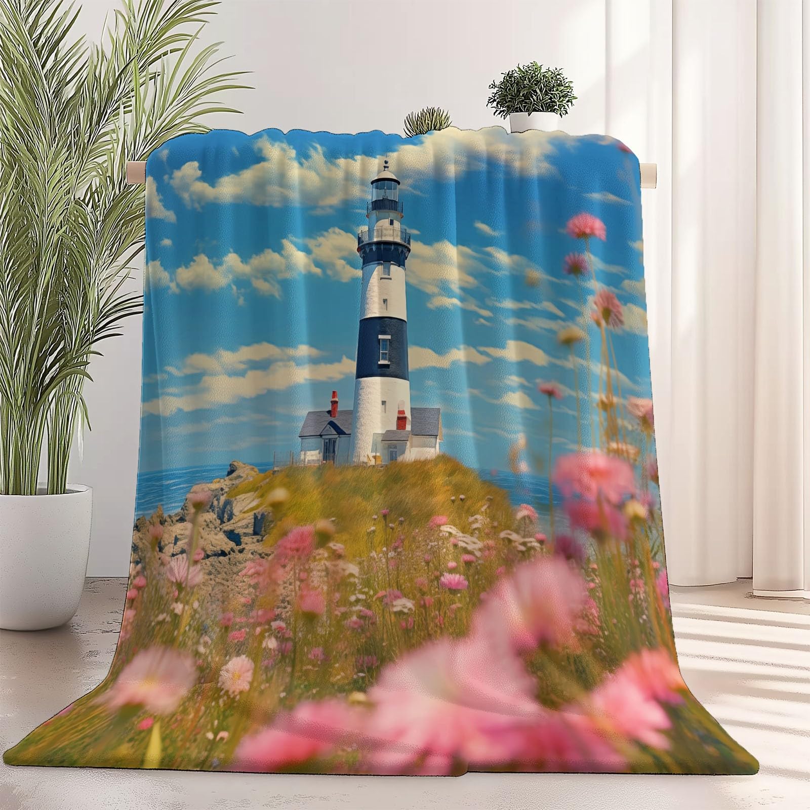 Koc polarowy 200 x 220 cm naturalna latarnia morska dzikie kwiaty koc polarowy jasnoniebieski flanelowy dla 2 osób, nadruki, miękkie i ciepłe na sofę łóżko