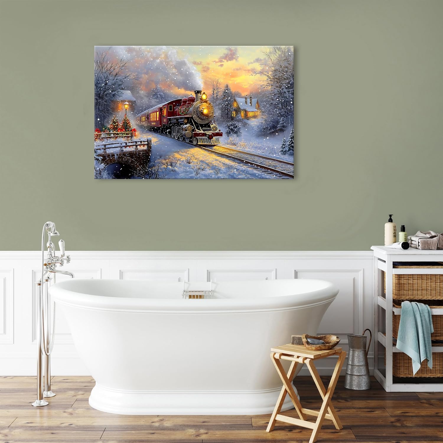 Winter Christmas Wall Art Vintage Red Steam Train Canvas Prints Christmas Tree Poster Rustic Farmhouse Paintings Nature Sunset Landscape Artwork for Living Room Bathroom Home Decoration 24x36"