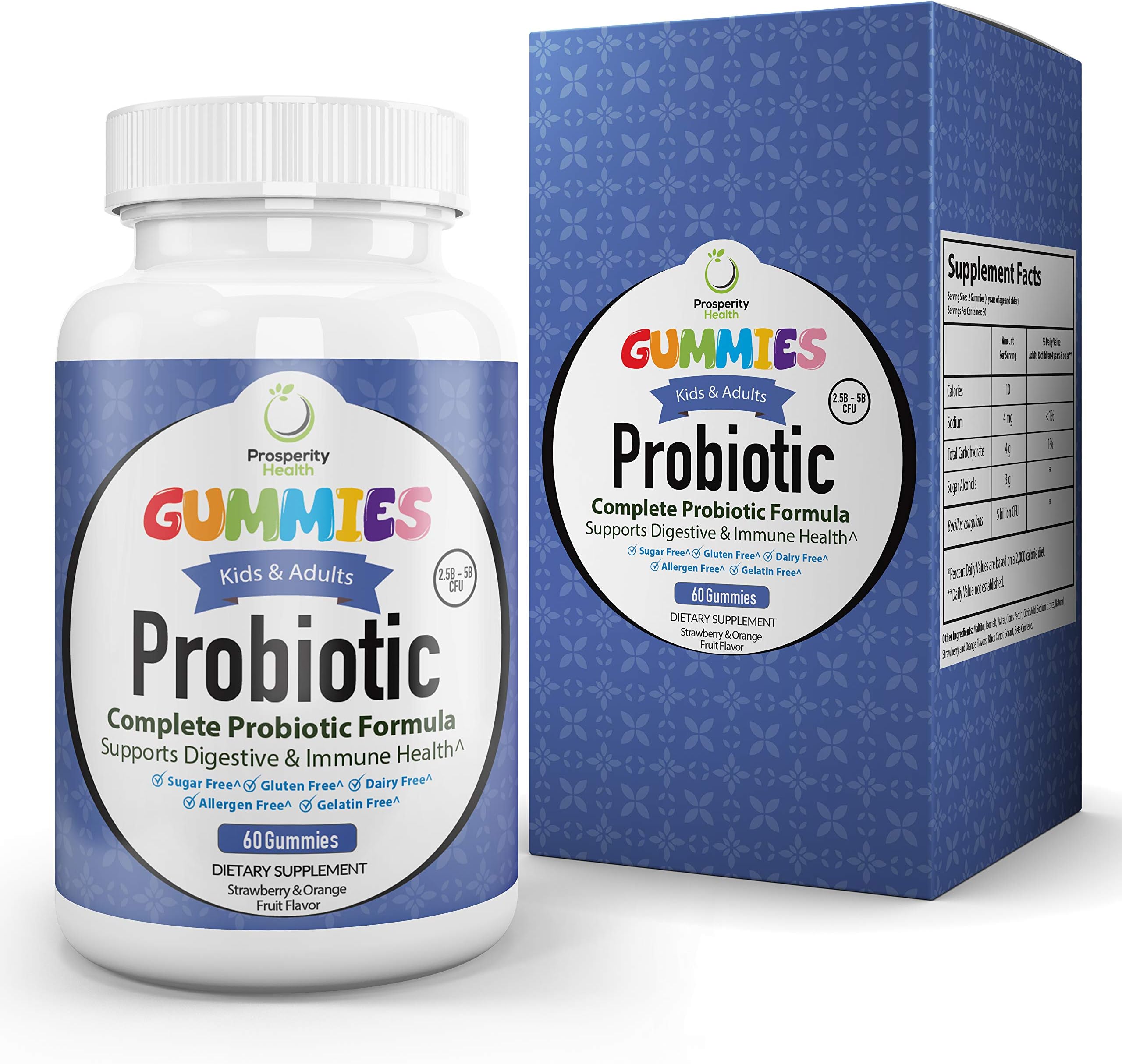 Probiotic Gummies by Prosperity Health®| Strawberry & Orange Flavor Adults & Kids Probiotics | Gluten Free, Allergen Free, Sugar Free, Gelatin Free Probiotics Gummy 60 Count (30 Day Supply)