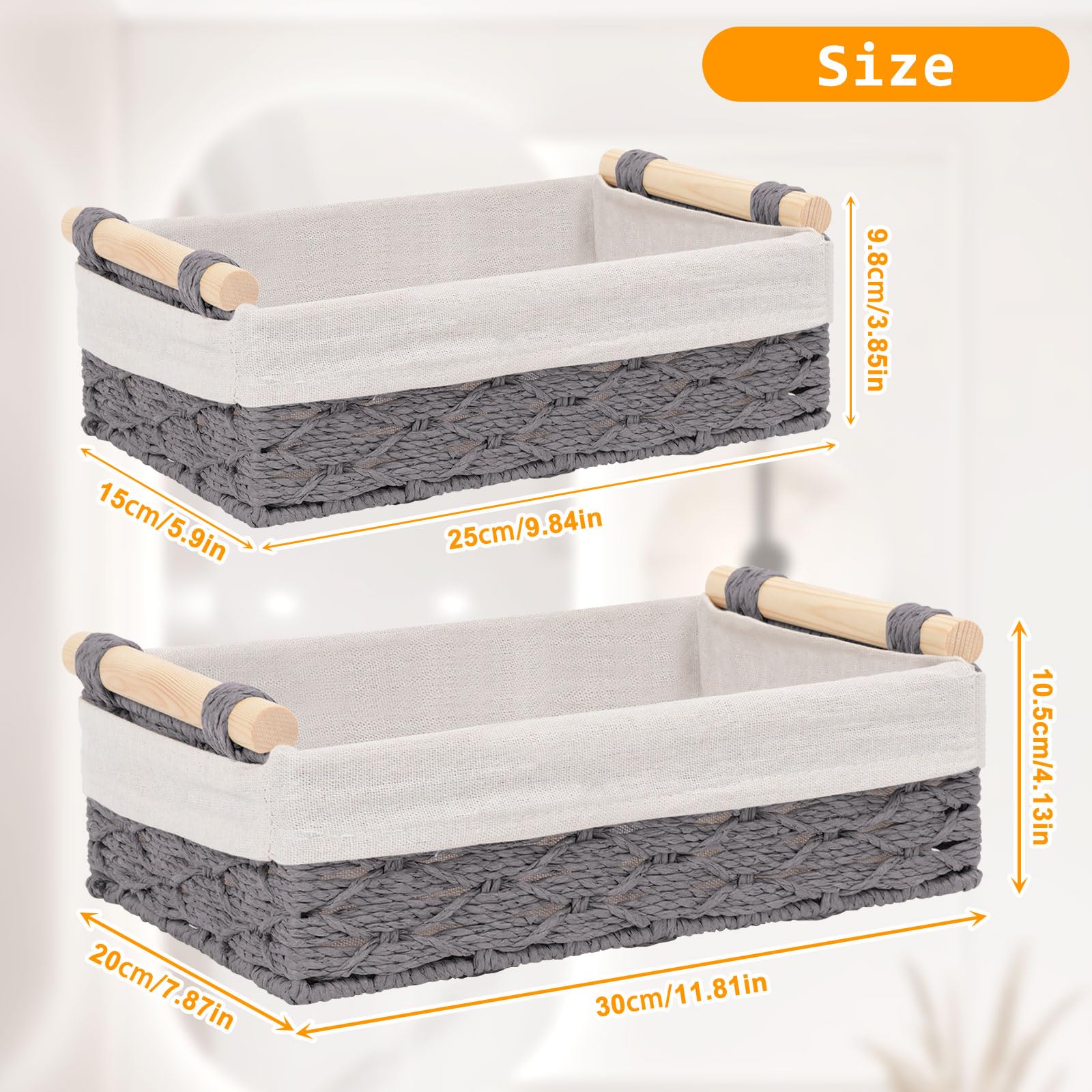2 Pcs Wicker Baskets for Organizing, Wicker Storage Basket Toilet Paper Basket Decorative Bins with Handle for Bedroom Living Room Apartment (Gray)