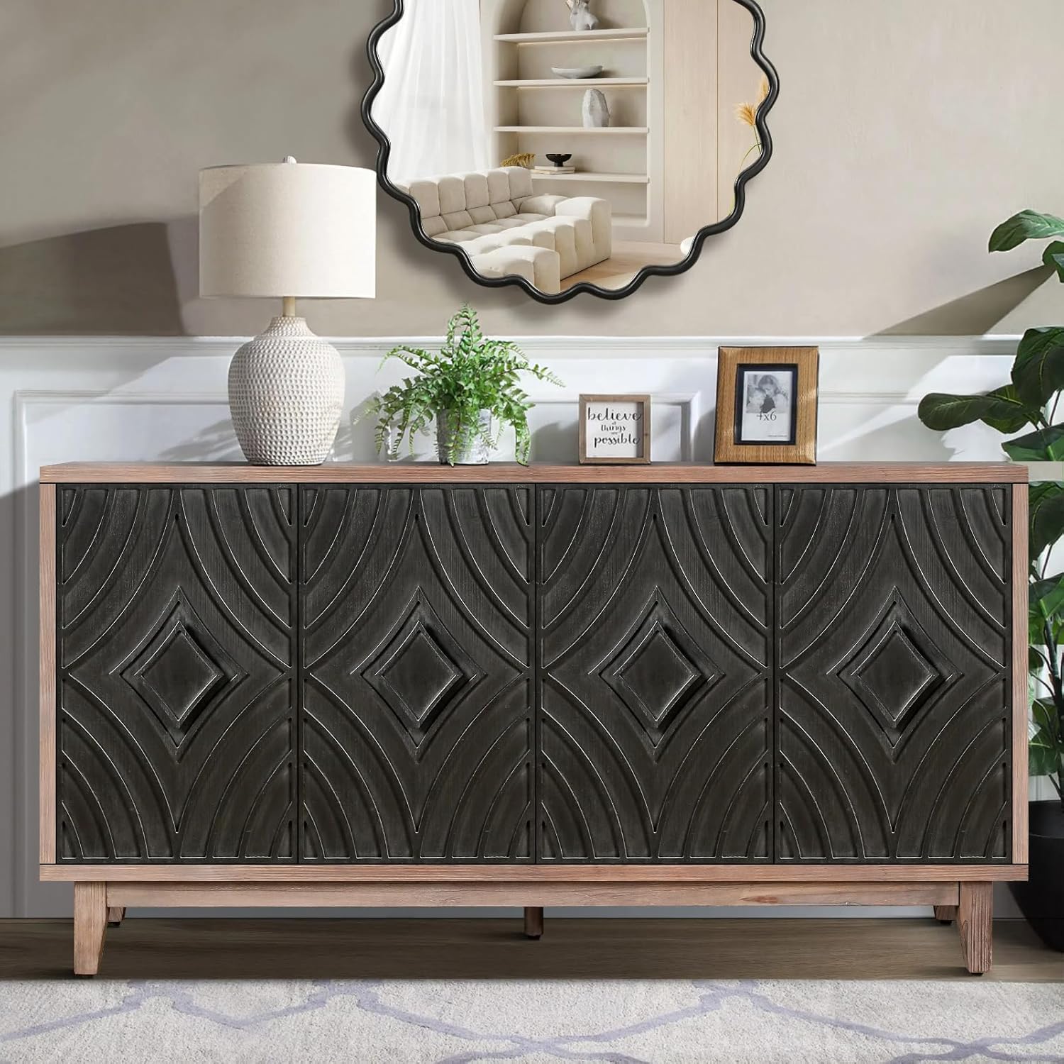 Sideboard Buffet Entryway Table with Storage, 60" Wood Credenzas Accent Cabinet with Carved Doors for Living Room, Adjustable Shelves, Distressed Black
