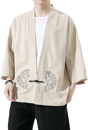PRIJOUHE Gilet Kimono Homme Style Japonais Grues Volantes - Manches Ouvertes Confortables