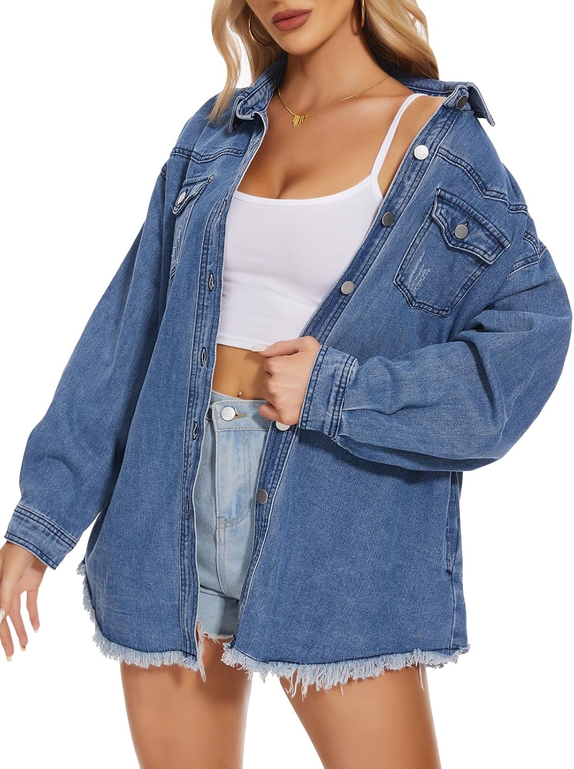 Women Oversized Button Up Denim Long Boyfriend Distresse Jean Jacket Frayed Hem Shacket