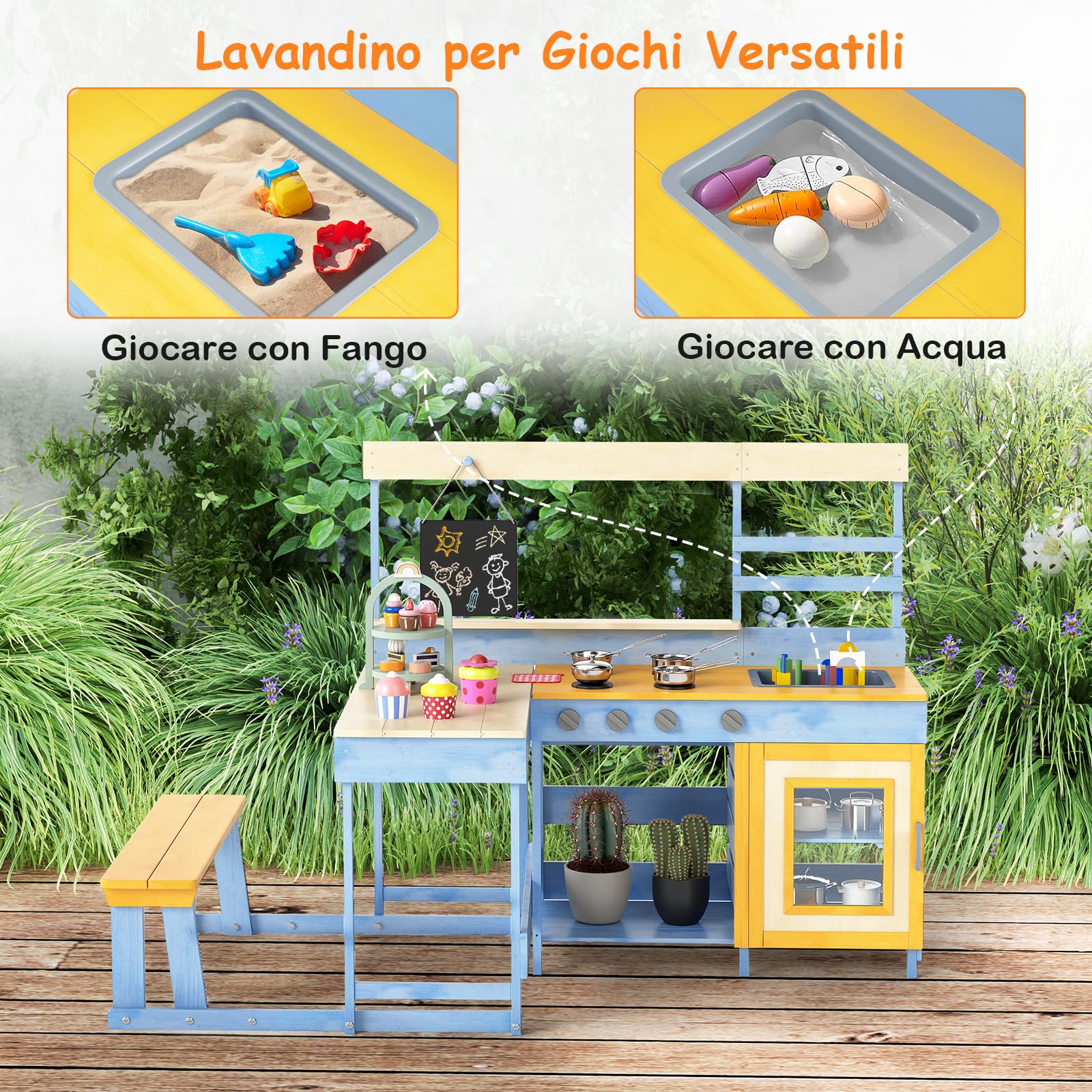 COSTWAY Cucina Giocattolo per Giardino con Tavolo e Panchina da Picnic, Cucina per Bambini in Legno di Abete con Fornelli, Lavandino, Lavagna e Forno, con 17 Accessori, 150 x 71 x 98 cm (Blu)