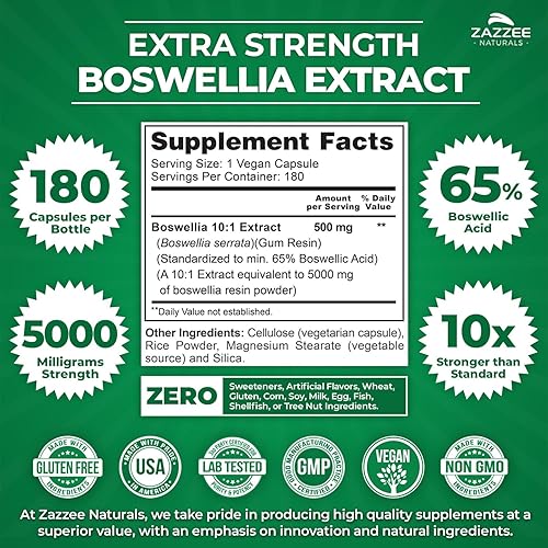 Miniatura 3 de Zazzee Extracto de Boswellia Serrata 10:1 extra fuerte, 5000 mg de fuerza, 65% ácido boswélico, 180 cápsulas veganas, suministro de 6 meses,