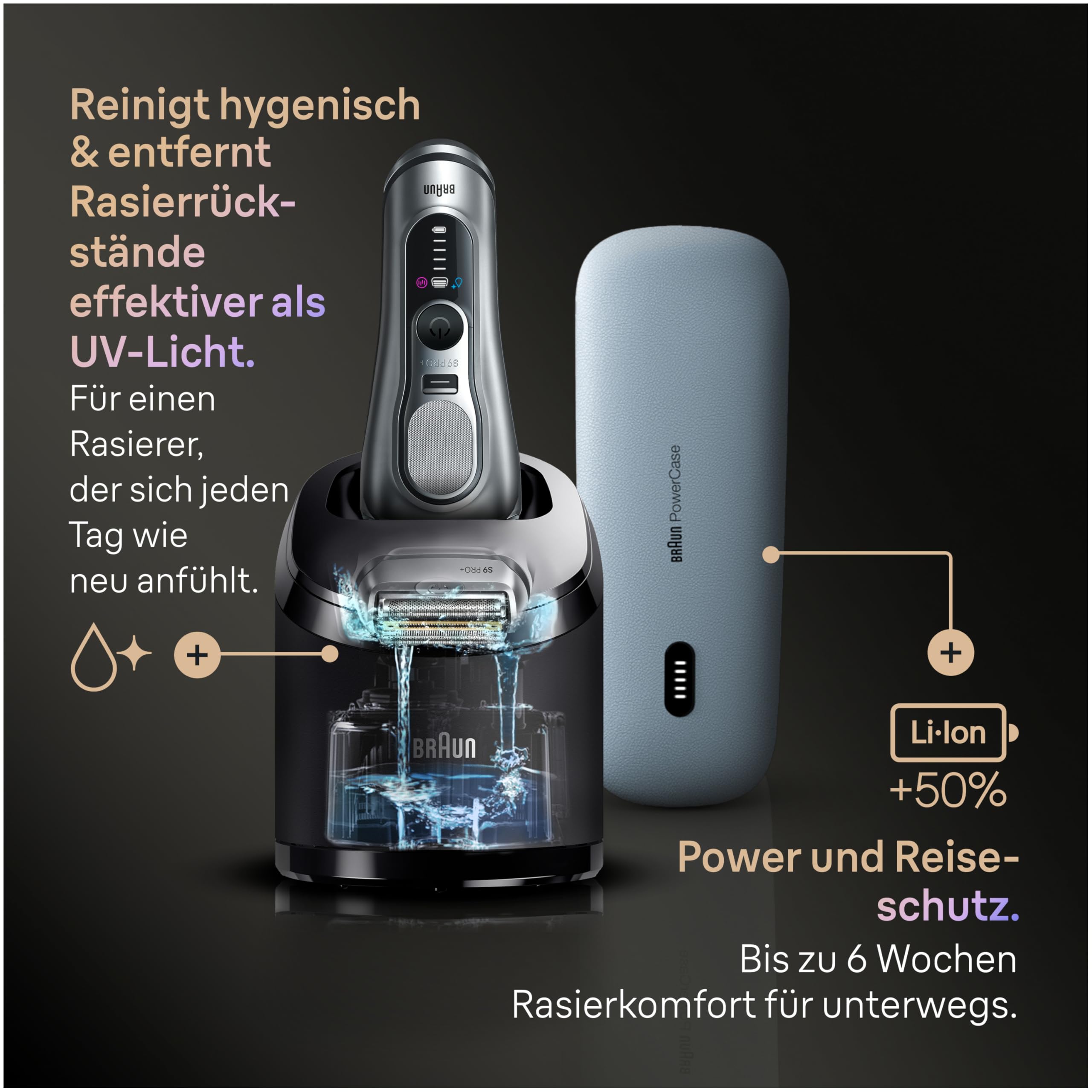 Braun Rasierer Herren Elektrisch Series 9 PRO+, 9677cce, Silber - Elektrorasierer, 5+1 Ultradünne Klingen, Barttrimmer 60 Min. Akku, Wasserdicht, Made in Germany, Inkl. Ladeetui, 6in1 SmartCare Center
