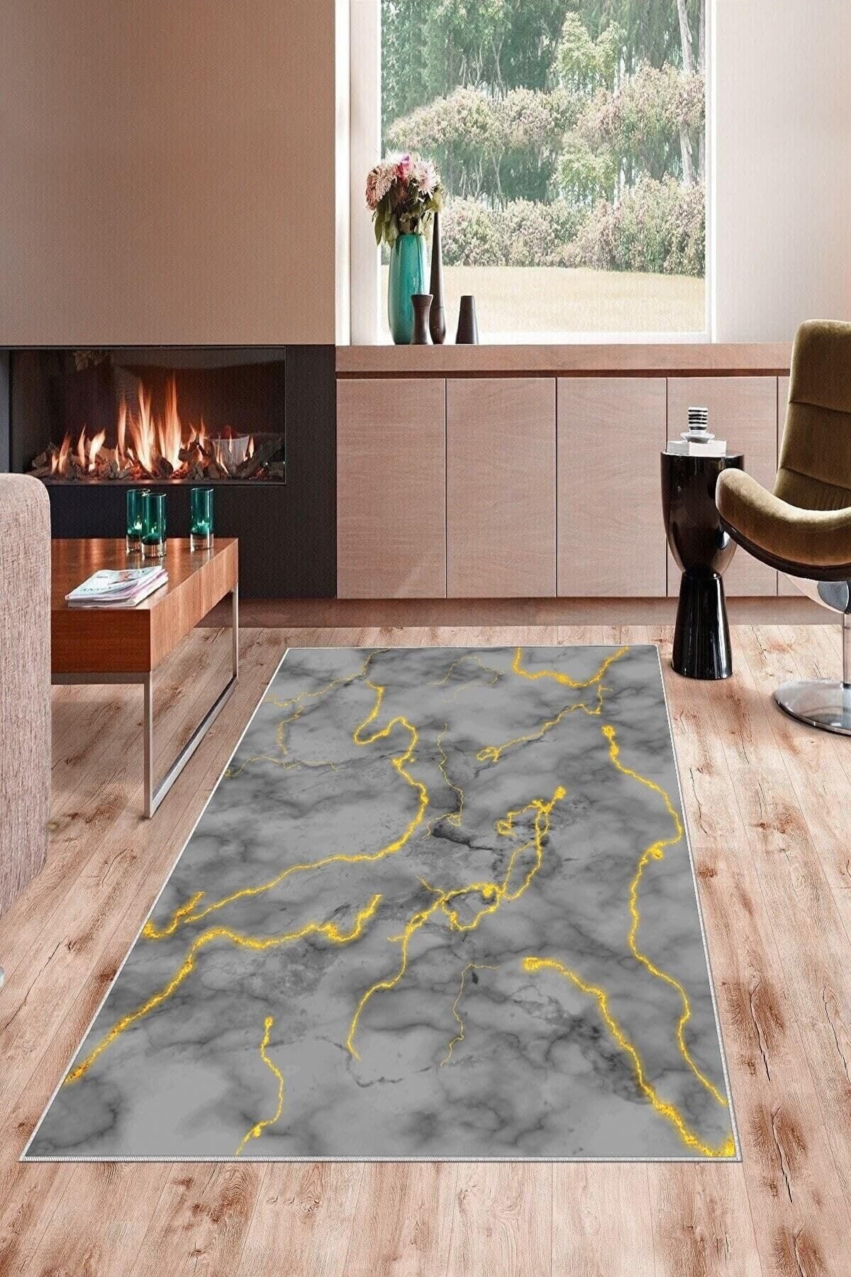 Pelangi Gri Desenli Gold Detaylı Yıkanabilir Kaymaz Taban Leke Tutmaz Modern Salon Halısı Ve Yolluk, Gri 160 x 240, 135828316024005