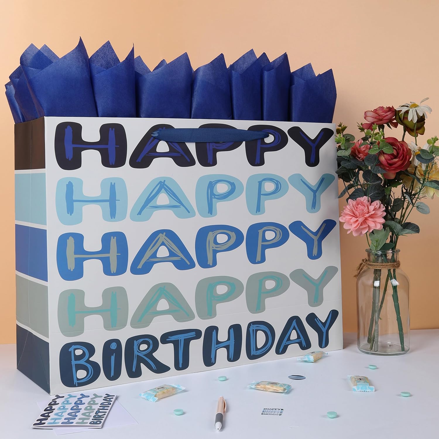 Qirrmiy 23 x 17 Inch Extra Large Blue Happy Birthday Gift Bag Set with Handles, Greeting Card, Tissue Papers and Stickers, Oversized XXL Big Gift Bag for Men Boys Kids Teens, Words Design, 1 Pcs - Image 5