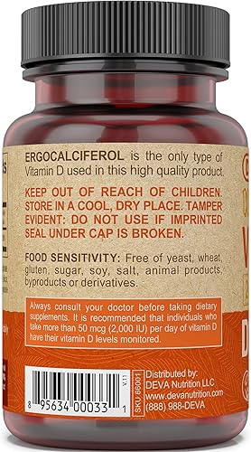 Miniatura 4 de Deva Vitamina D2 vegana 60 mcg 2400 UI, suplemento de ergocalciferol sin ingredientes animales, 90 tabletas, 1 paquete
