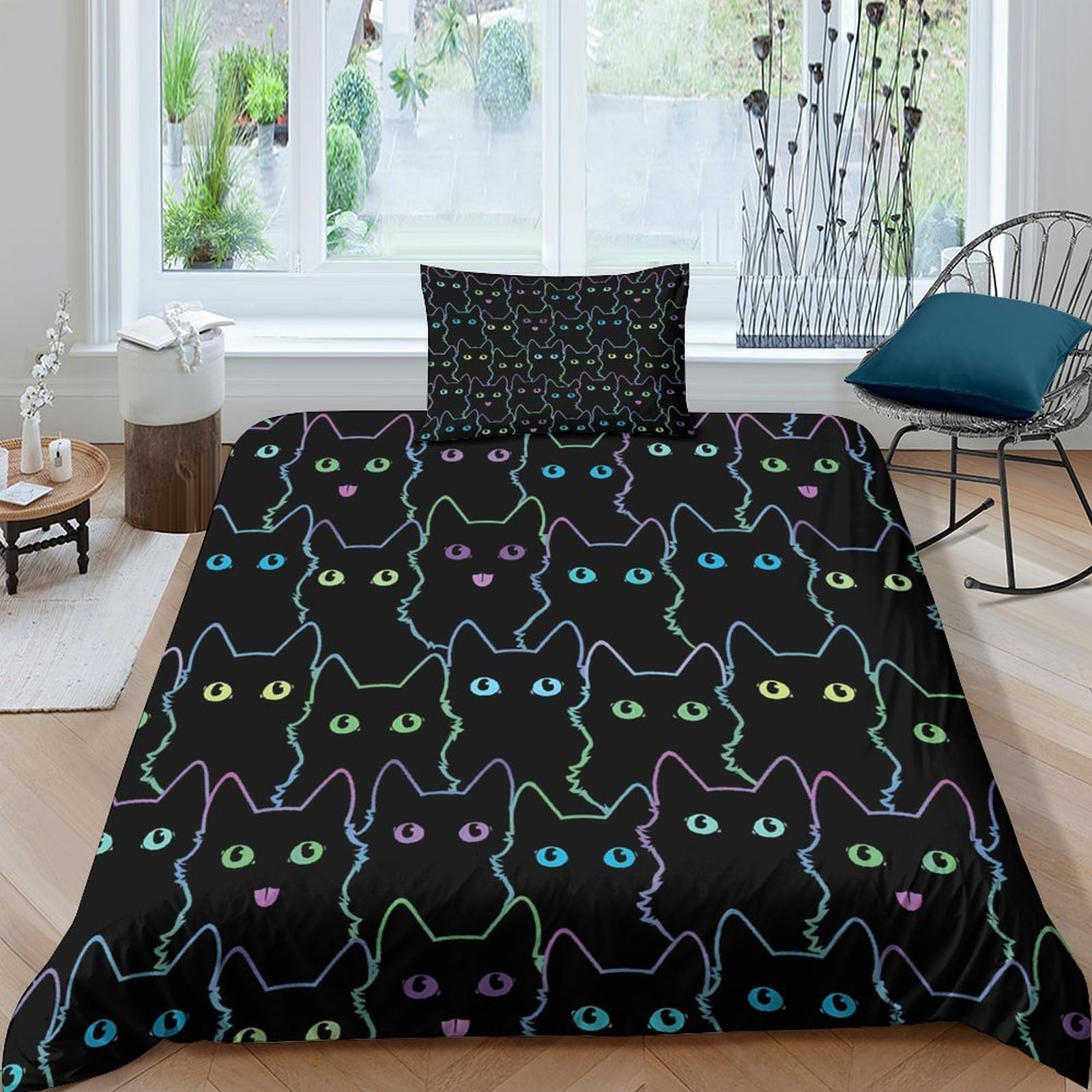 Parure de lit chat housse de couette 135x200cm imprimé néon 3D