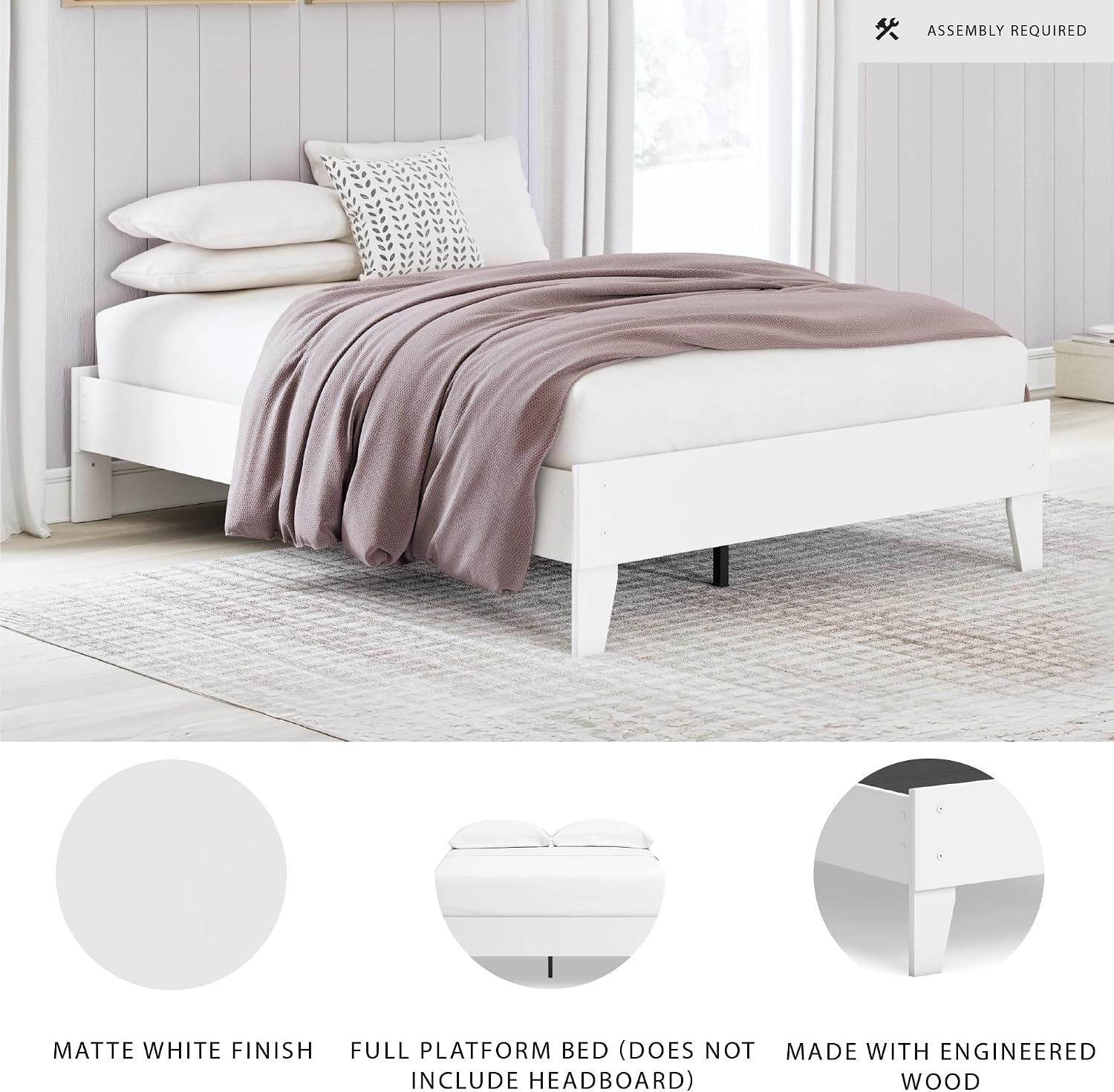 Signature Design by Ashley Hallityn Casual Full Platform Bed, Low Profile, Foundation or Box Spring Not Needed, Engineered Wood and Decorative Laminate, Matte White
