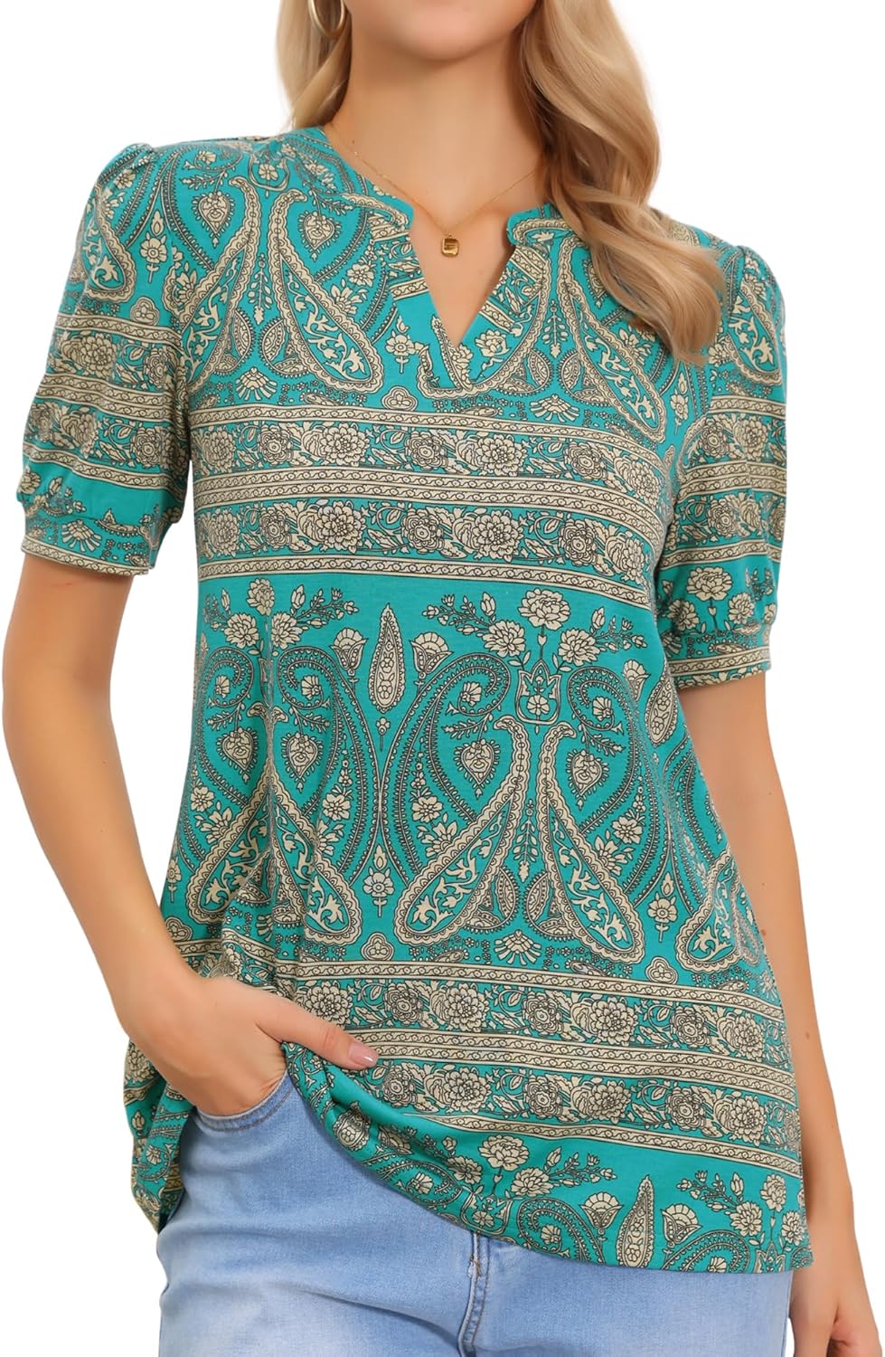 Allegra K Floral Printed Tunic Tops for Women Summer Short Sleeve Blouse Casual V Neck Shirts