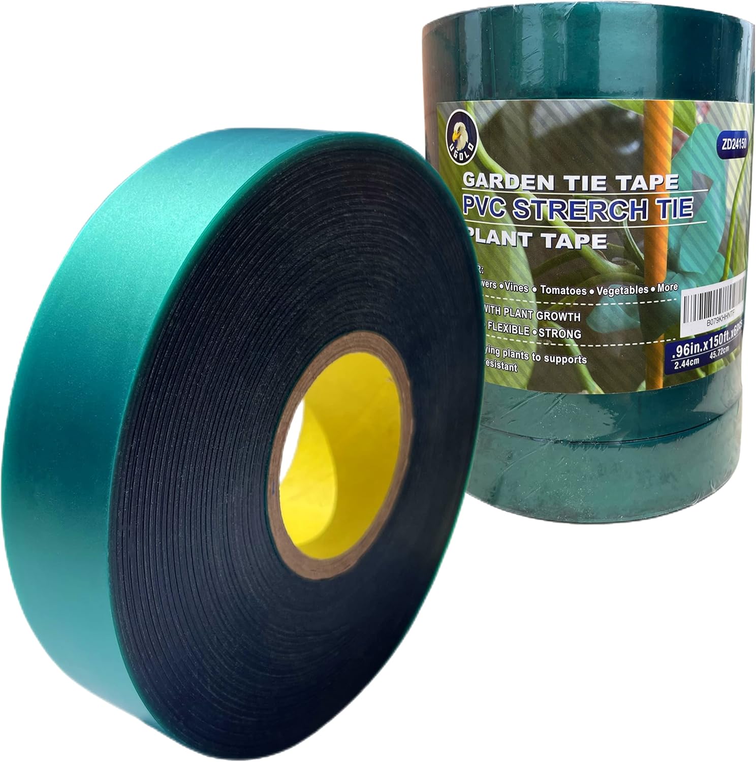 6-Pack, 8 mil Extra Thick 150 Ft x 1'' Green Garden Tie Tape for Planting, Grafting, Fixing and Tying Plants, PVC Material, Matte Green, Tube Style