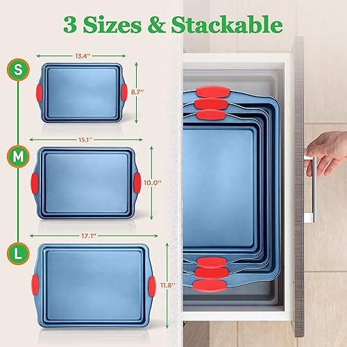 Miniatura 2 de Nutrichef Juego de 3 piezas de utensilios antiadherentes para hornear, PFOA, PFOS, PTFE sin carbono, con asas de silicona rojas resistentes al
