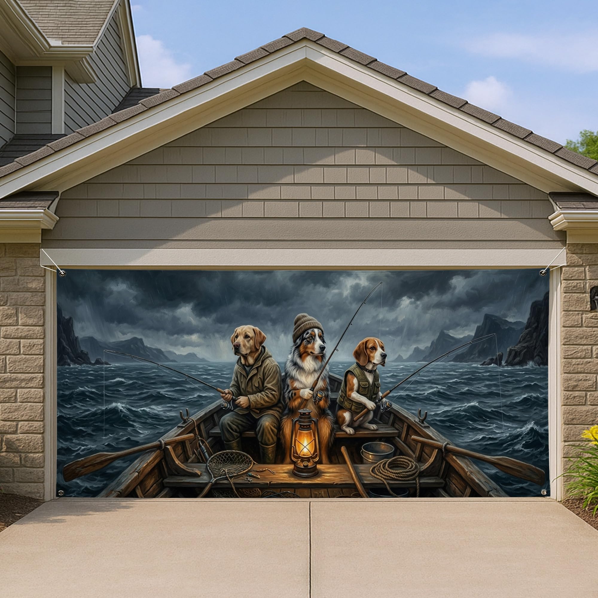 Housse de porte de garage chiens de pêche, idée cadeau originale déco extérieure