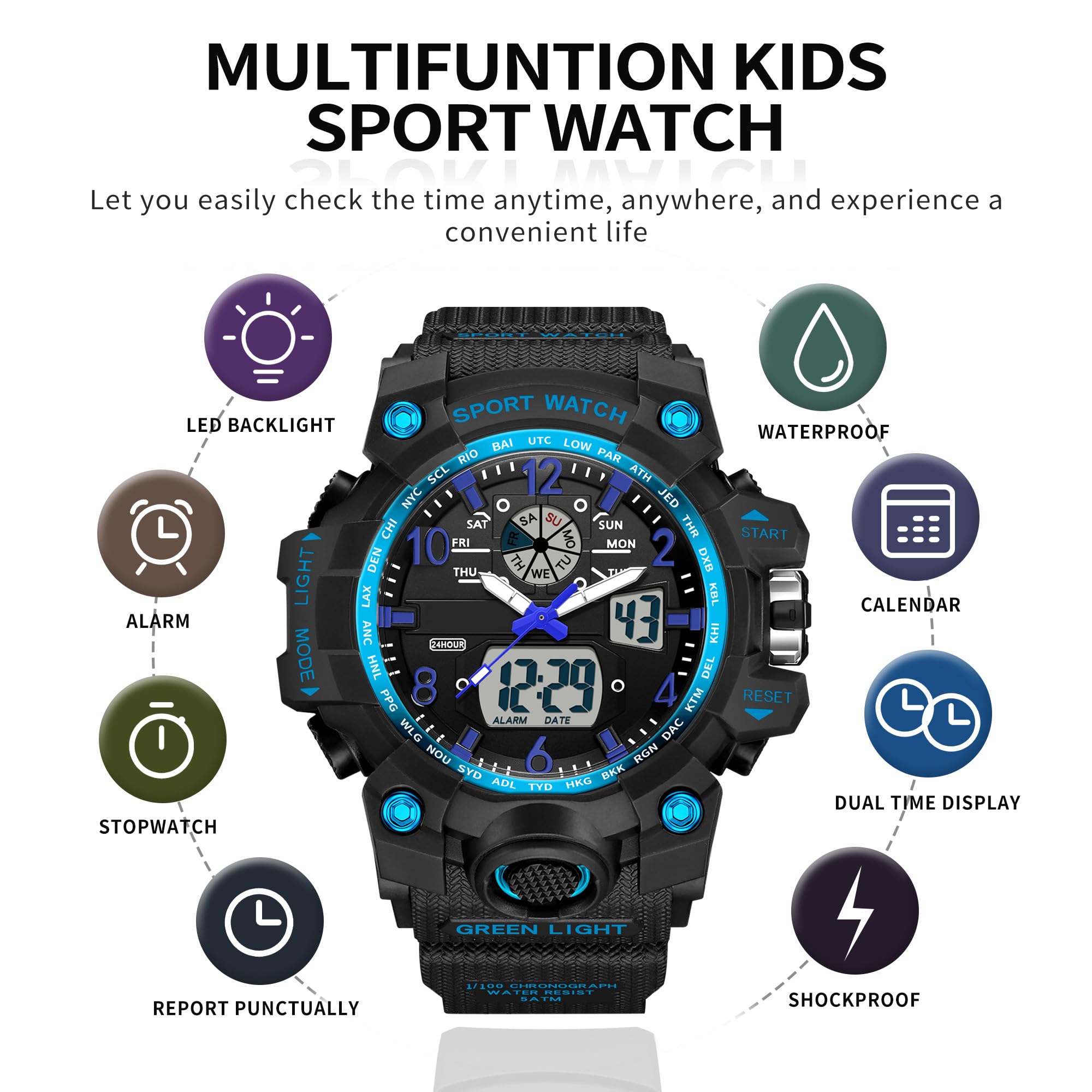 Reloj de pulsera digital deportivo para mujer, resistente al agua, 5 ATM, reloj digital para niños, analógico, digital, deportivo, LED, multifunción, con alarma, fecha, cronómetro, para exteriores