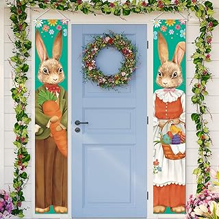 2 Pieces Happy Easter Bunny Porch Sign Easter Hanging Sign with Cute Bunny and Eggs Door Banner, Hello Spring and Happy Easter Porch Banner for Indoor Outdoor Wall Front Door Decor