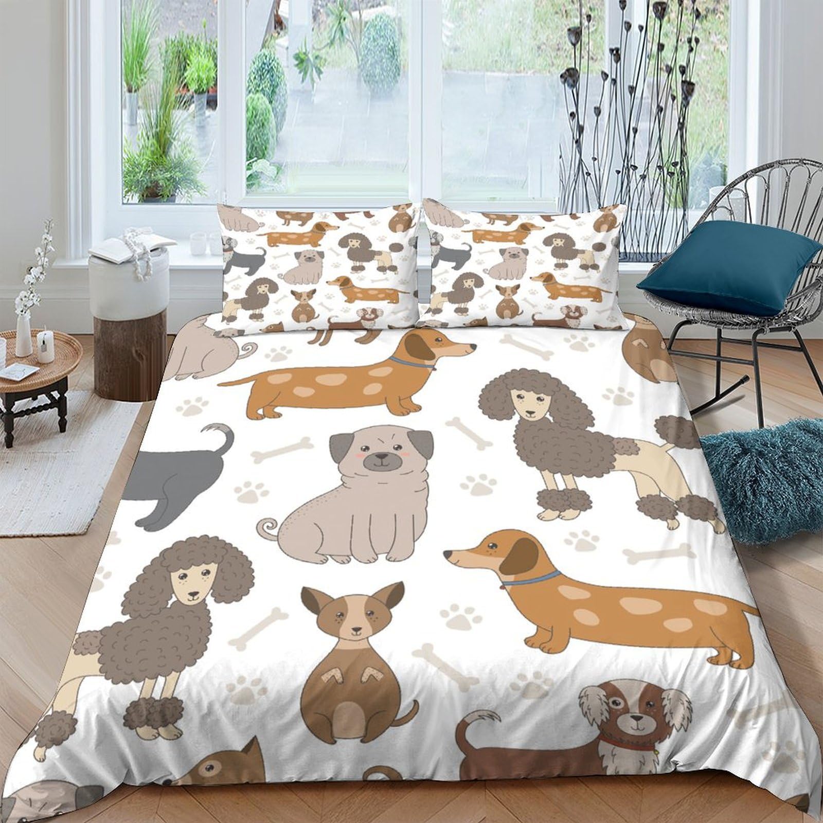 GPLZQXKJNH 3D Printed Cartoon Dachshund Dog Duvet Cover Microfiber Soft Breathable Puppy Bedding Set with 2 Pillowcases for Bedroom Decor, Single（135x200cm）
