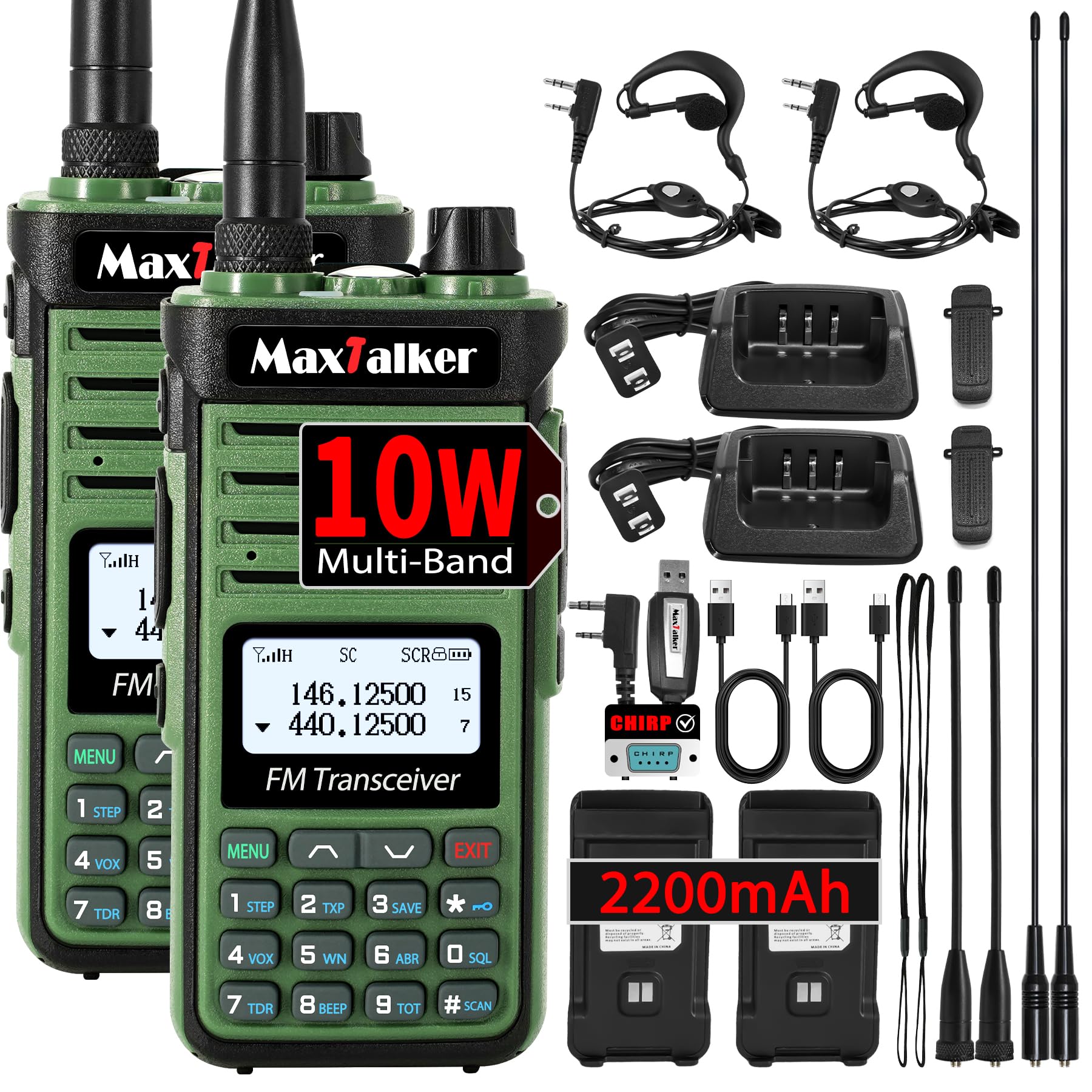 MaxTalker P15 Ham Radio 10W Long Range Handheld NOAA Weather Receiver 2200mAh Battery Rechargeable Walkie Talkies with Programming Cable,Type-C Charging,2 Pack