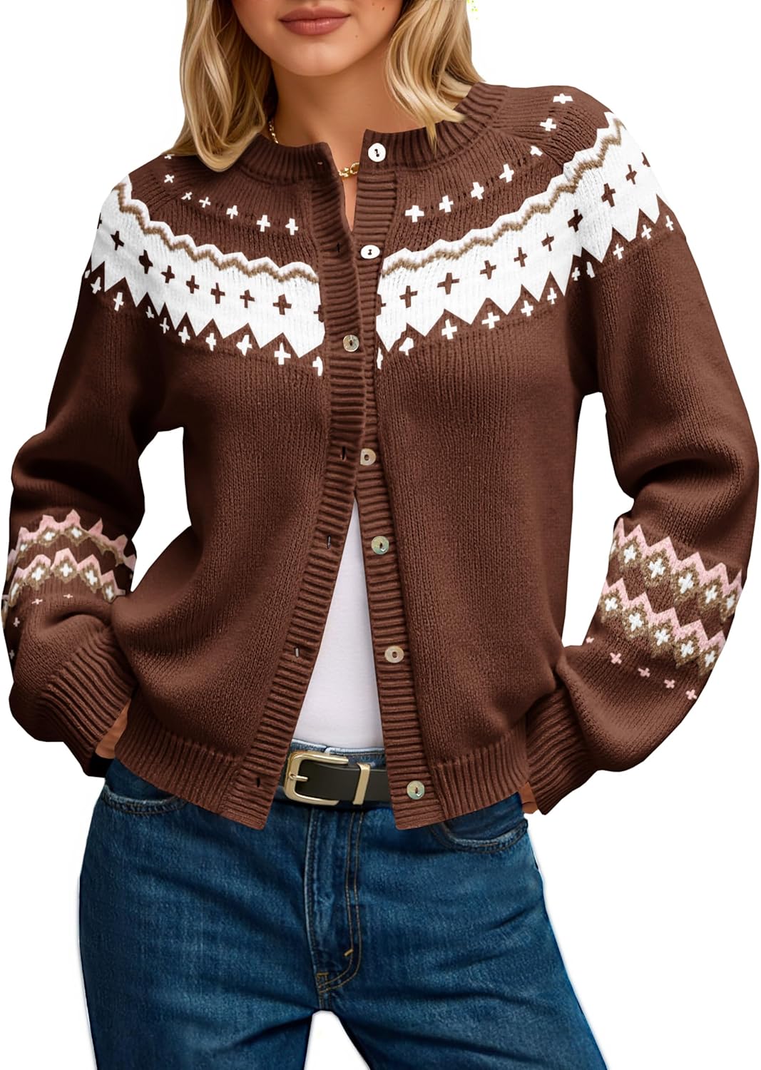 Saodimallsu Womens Fair Isle Sweater Button Up Long Sleeve Cardigans Crew Neck Open Front Knit Vintage Sweater Coats