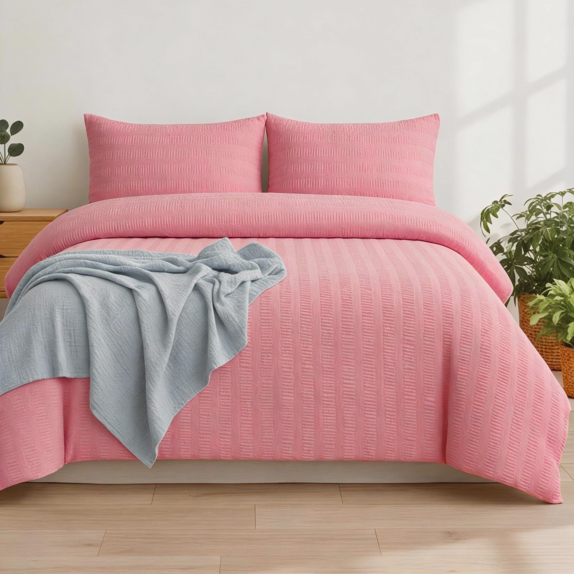 Q&H Bedding Super King Seersucker Duvet Cover Set - Pink Quilt Cover Brushed Microfiber with Pillowcase - Multiple Sizes Complete Bedding Set - Soft & Breathable, Easy Care & Machine Washable — image 1