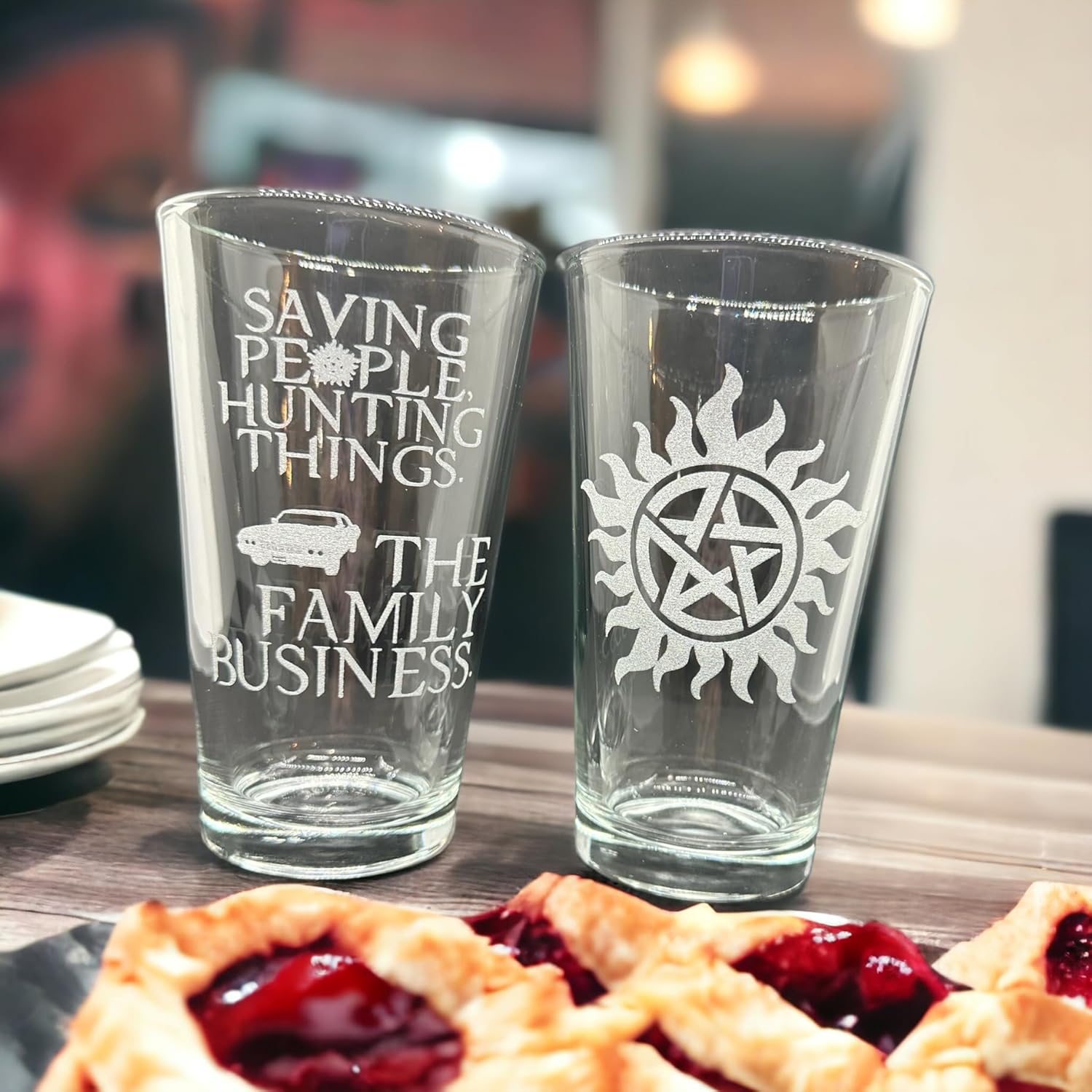 Brindle Southern Farms Supernatural Fan Gift Set Anti-Possession and Saving People Hunting Things Engraved Drinking Glass Set of Two: SPN Fan Gift Pint Beer Drinking Glasses