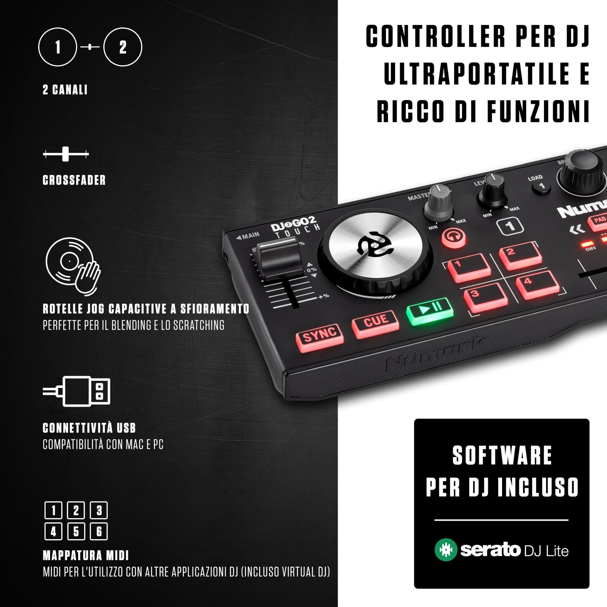 Numark DJ2GO2 Touch + HF175 - Console DJ USB con 2 Deck, Mixer Crossfader, Scheda Audio e Jog Wheel Sensibili al Tocco + Cuffie con Filo 3 m con Driver da 40 mm e Padiglioni di Alta Qualità