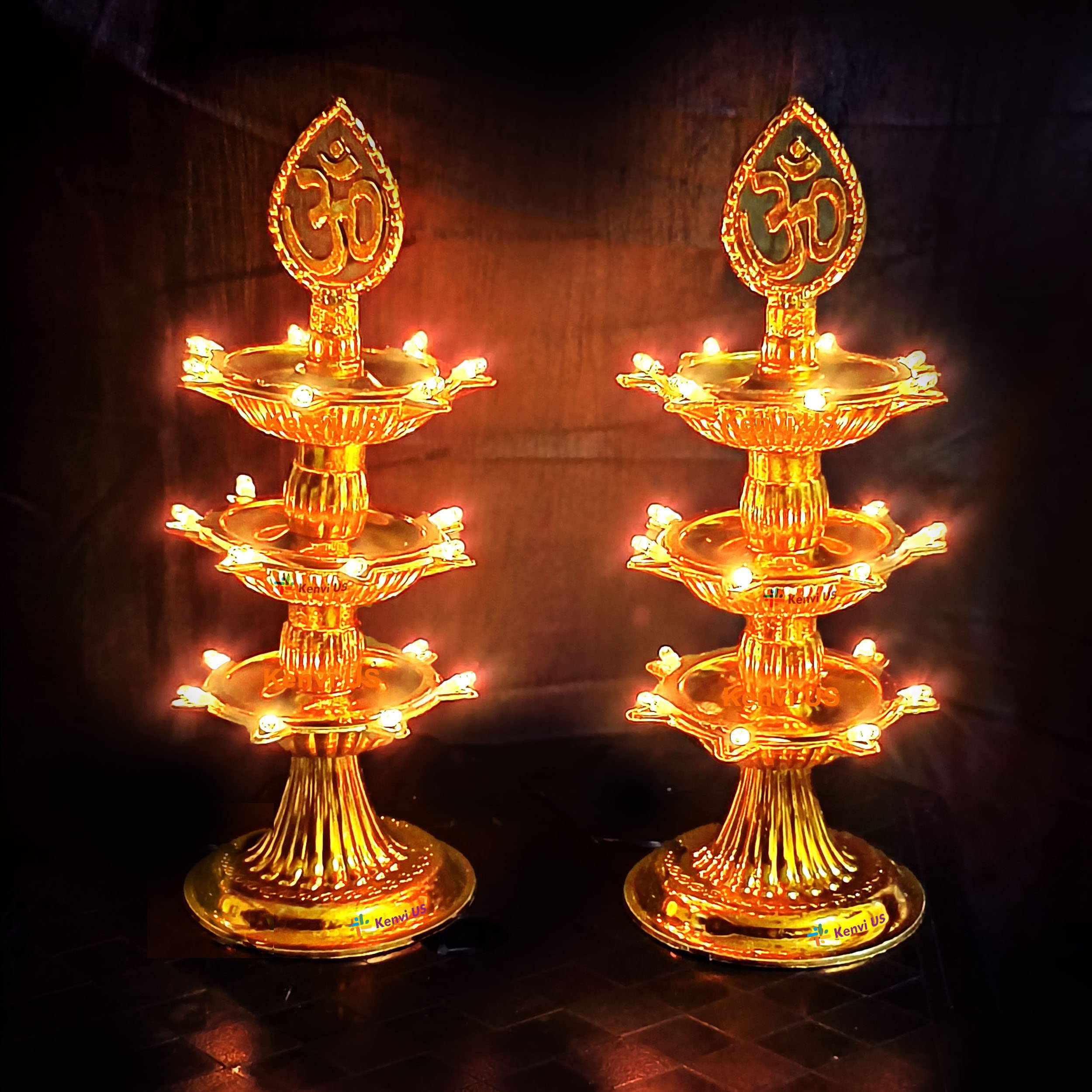 Premium 3 Layer New Electric Gold LED Bulb Lights Diya Deep Deepak for Pooja Puja Mandir Diwali Festival Decoration Pack of 2 || SD43