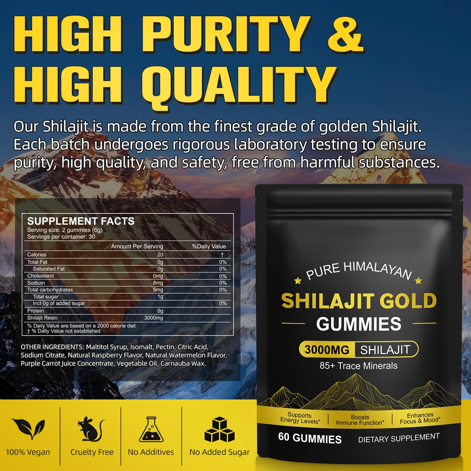 Gominolas de Shilajit 3000mg, Shilajit Puro del Himalaya, Gold Shilajit Gummies, Sin Gluten (60 Gominolas) (2 PCS)