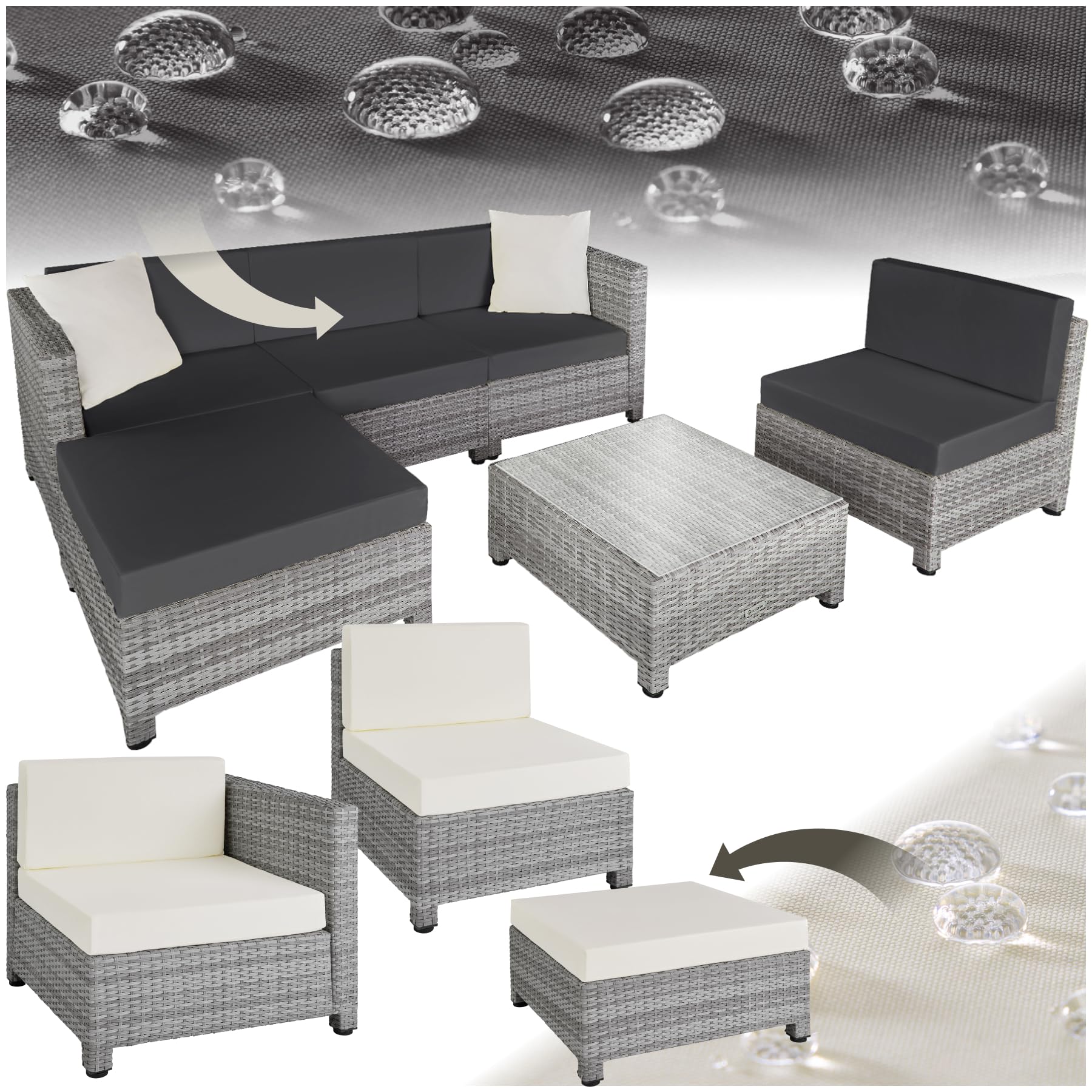 tectake® Conjunto Jardín de Ratán con Cojines y 2 Juegos de Fundas, Conjunto Terraza Resistente a la Intemperie, Muebles Jardín Exterior 4 Sillones, 1 Mesa, 1 Puf, con Tornillos en Acero - Gris Claro