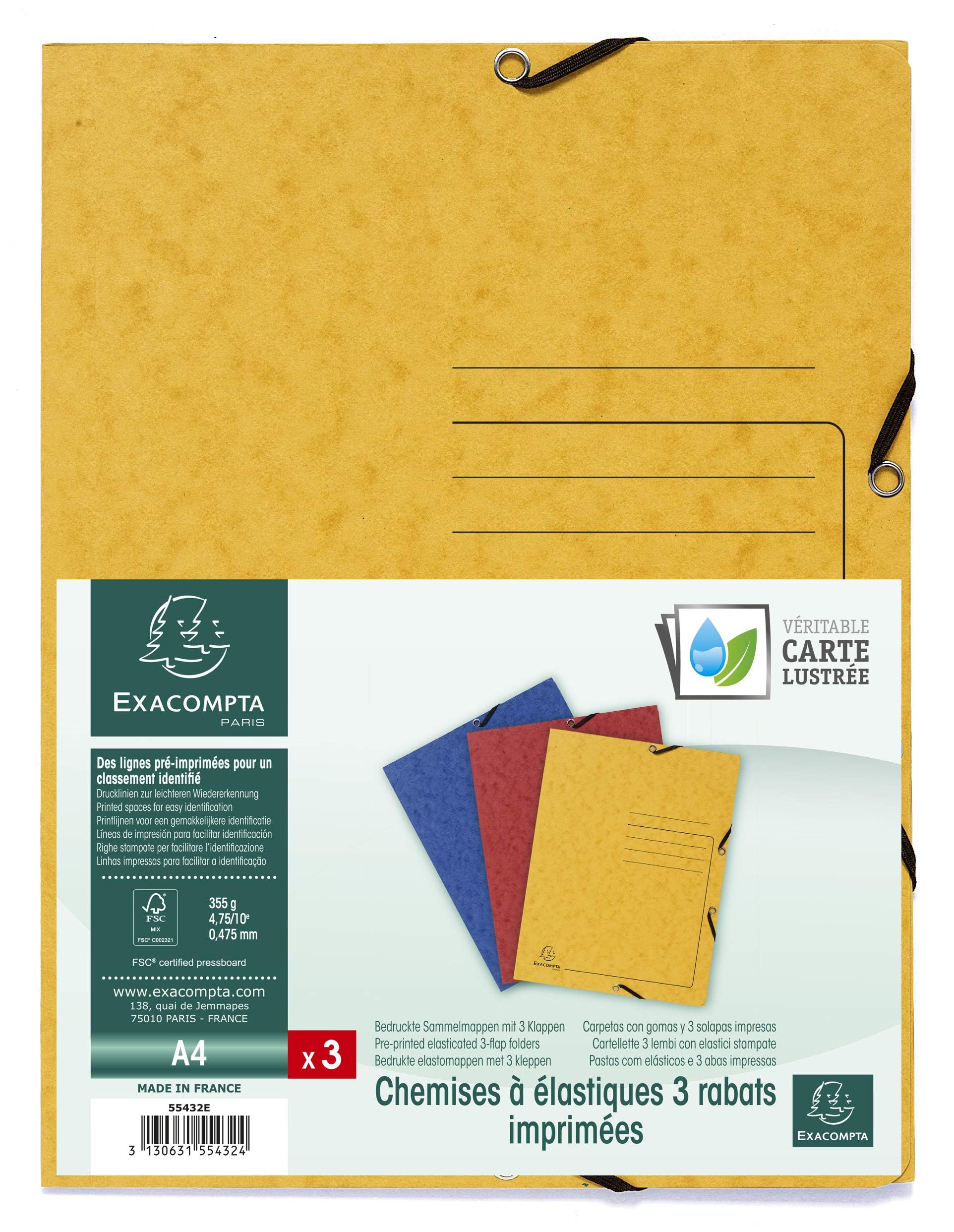 Exacompta - Ref 55432E - Box of 24 Printed Elastic folders - 3 Flap Pockets - in Glossy Card 355g/m2 - Size 24 x 32 cm for documents in A4 Format - 3 Assorted Colours