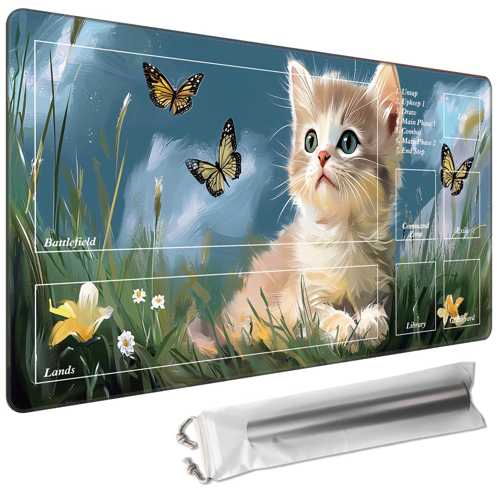 Cdkfxjy MTG Playmat with Magic Zone 27.5 x 15.7in Includes Storage Bag,TCG Playmat with Soft Surface Premium Non-Slip Rubber Backing Stitched Edges Durable Gaming Mat,Cat Butterflies