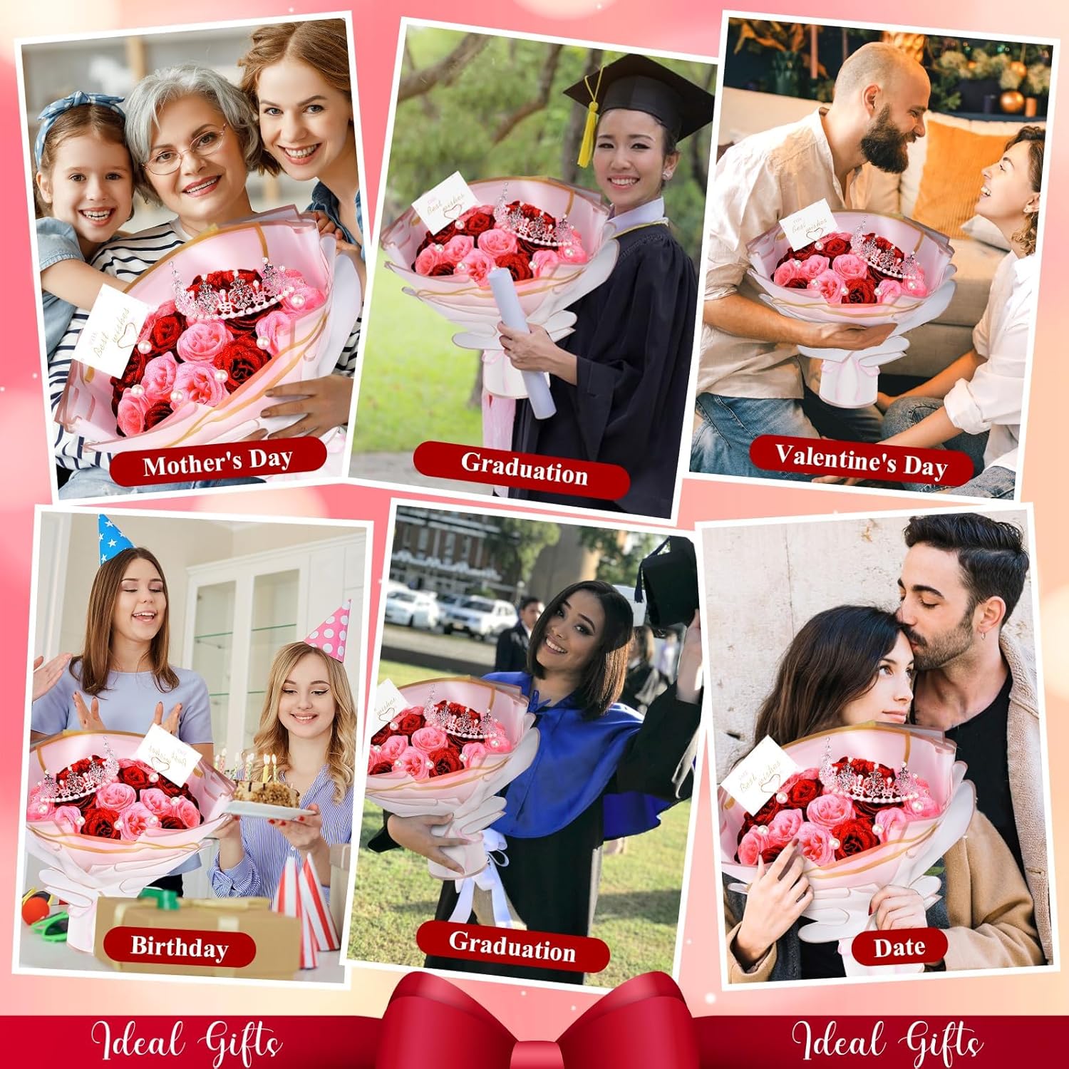 TLY Glitter Roses Bouquet Pink and Red Flower Bouquet DIY Fake Roses Flowers with Wrapping Paper Crowns Cards Artificial Rose Flowers for Valentines Day Mothers Day Anniversary Engagement Wedding - Image 7