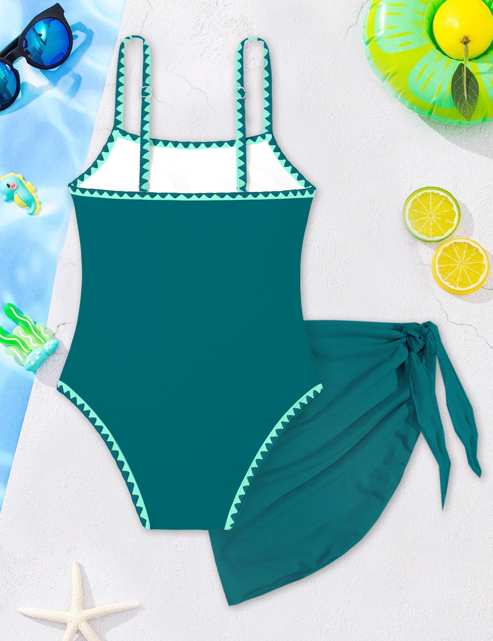 WIQI Traje de baño de una pieza para niñas, ribete de contraste de color, traje de baño para niñas con falda para cubrir, talla 9-16