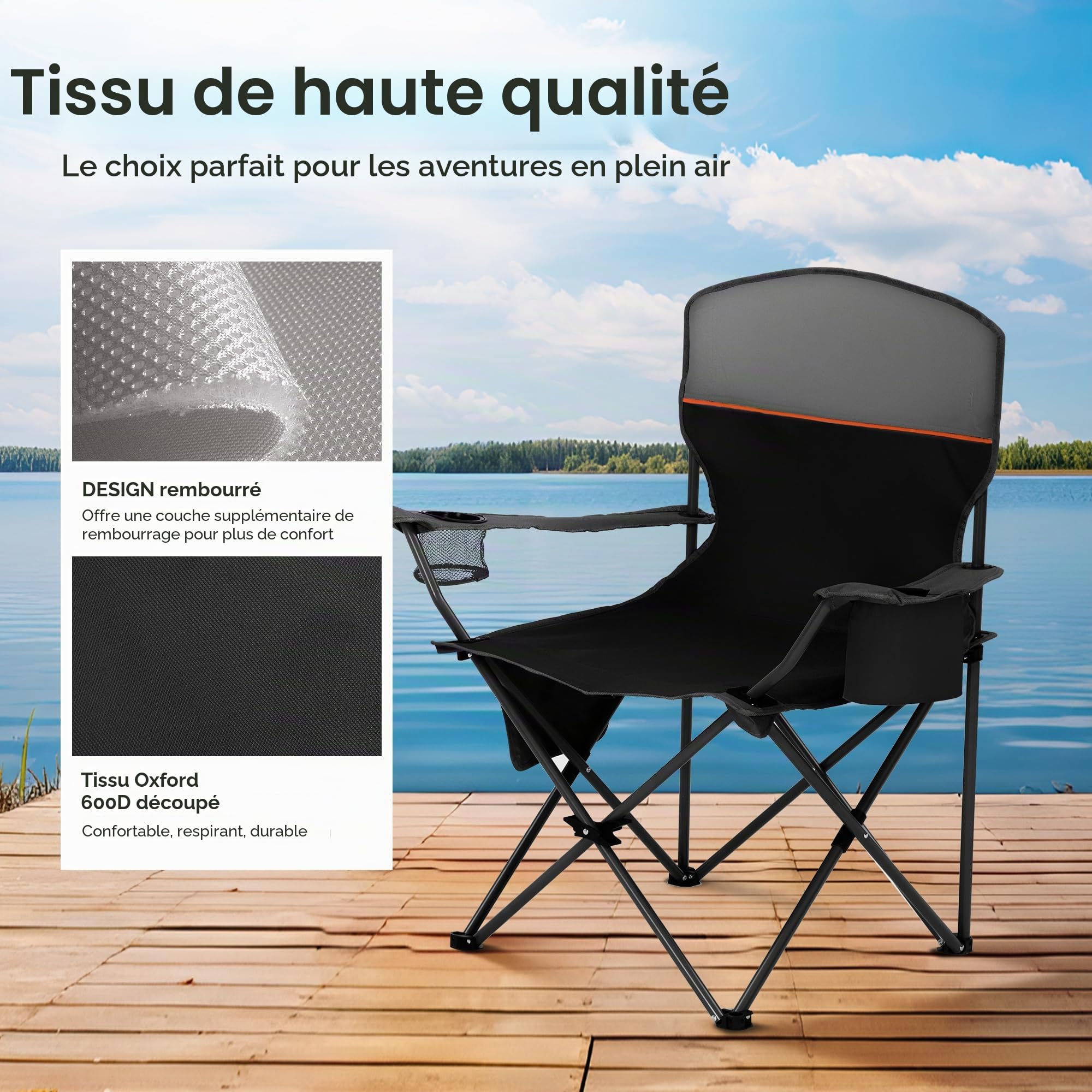 LET'S CAMP Lot de 2 chaises de Camping Pliantes avec Sac Isotherme à 3 bidons - Chaise de Jardin Portable avec Porte-gobelet - Charge maximale : 120 kg - Chaise d'extérieur pour Camping, Plage
