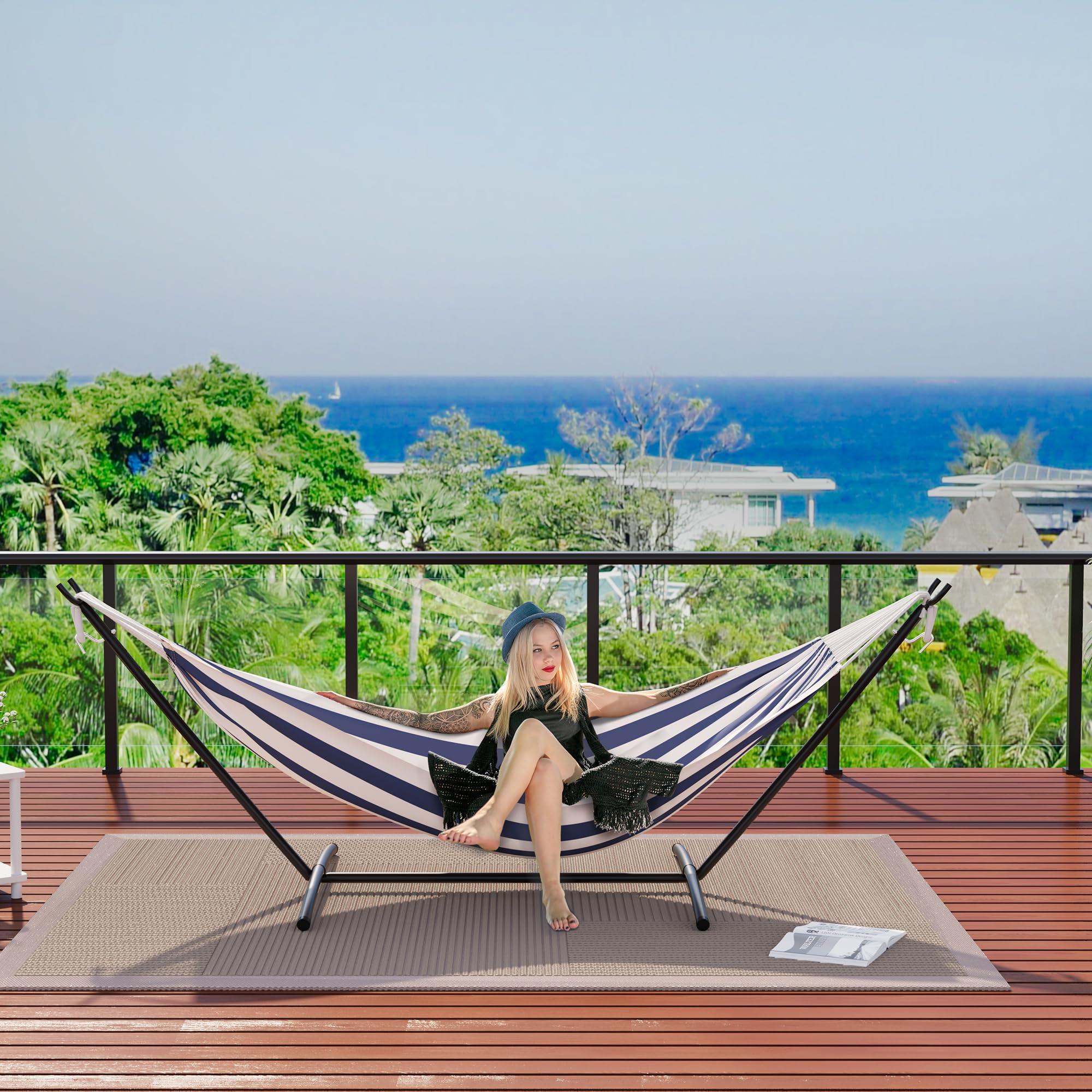 Hamaca con Soporte de Acero para 2 Personas, Hamaca Autoportante, Capacidad de Carga 204 kg, para Jardín, Terraza y Balcón, 279,4 x 100 x 106,7 cm, Rayas Azul/Blanco