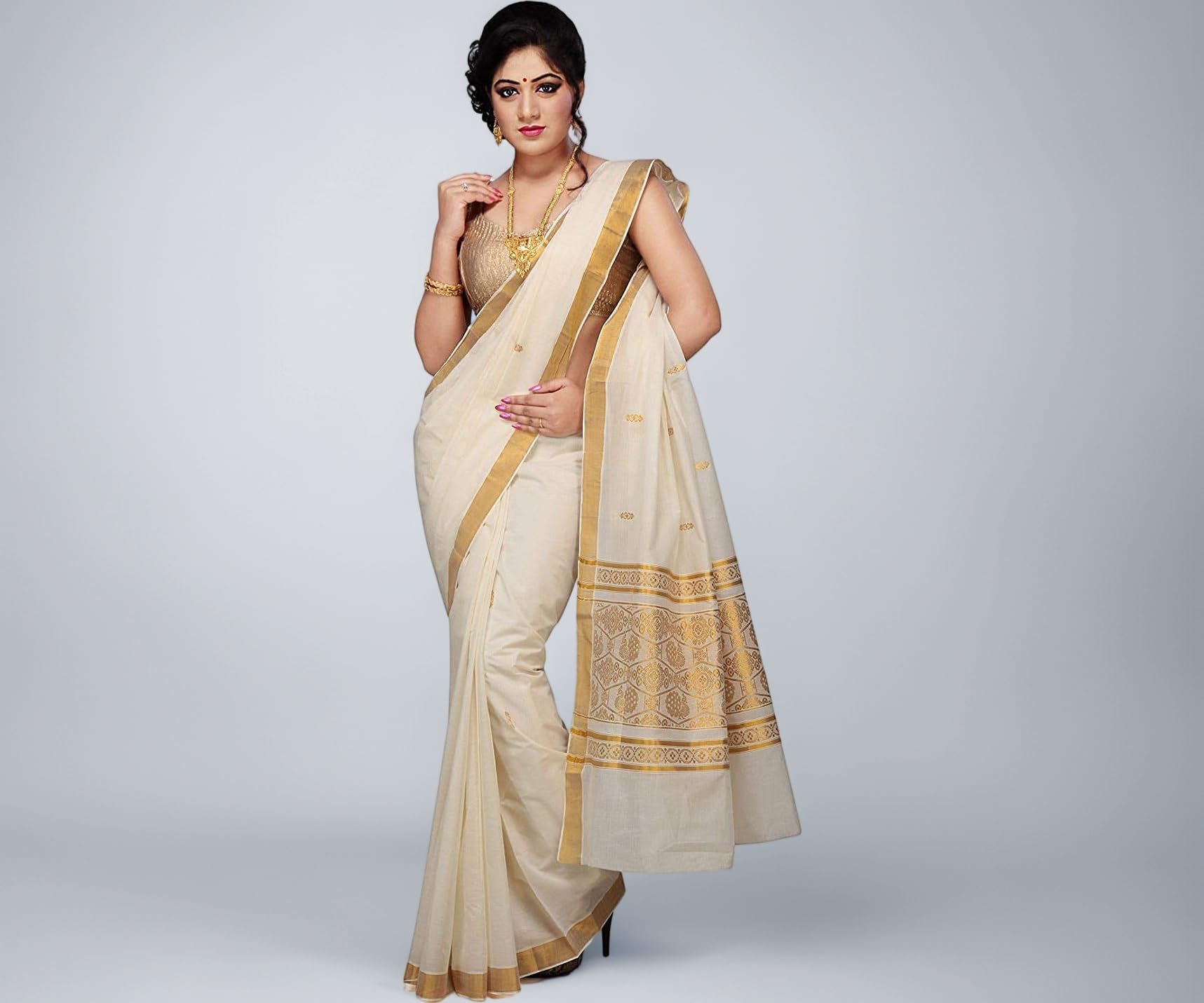 Maxis Women's Kasavu Cotton Saree With Blouse Piece (SMALLPCK_RCHPALLU_Cream)