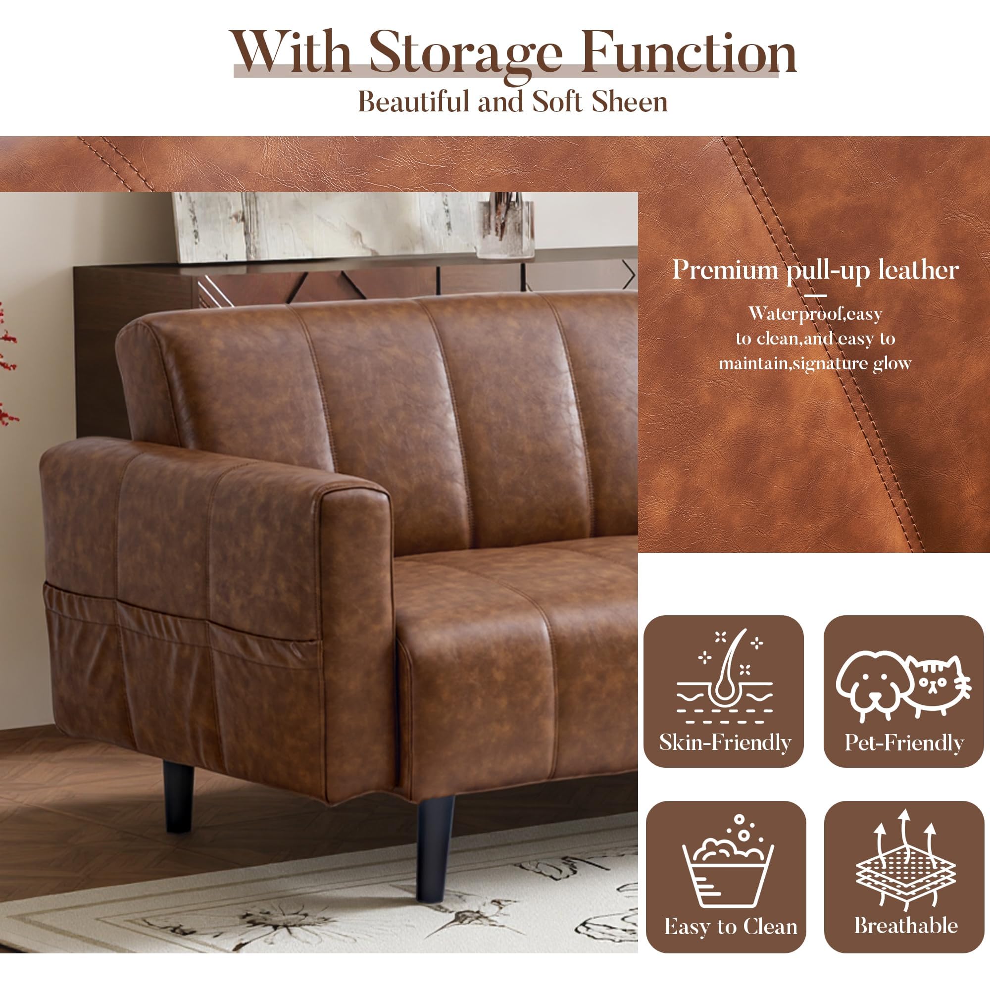 Ledersofa, Sofa 3 Sitzer, Sofa mit Schlaffunktion, Schlafsofa, Wandelbares Ledersofa mit Verstellbarer Rückenlehne, Stauraum, Holz & Stahlrahmen, 195×74×77cm (Braun)