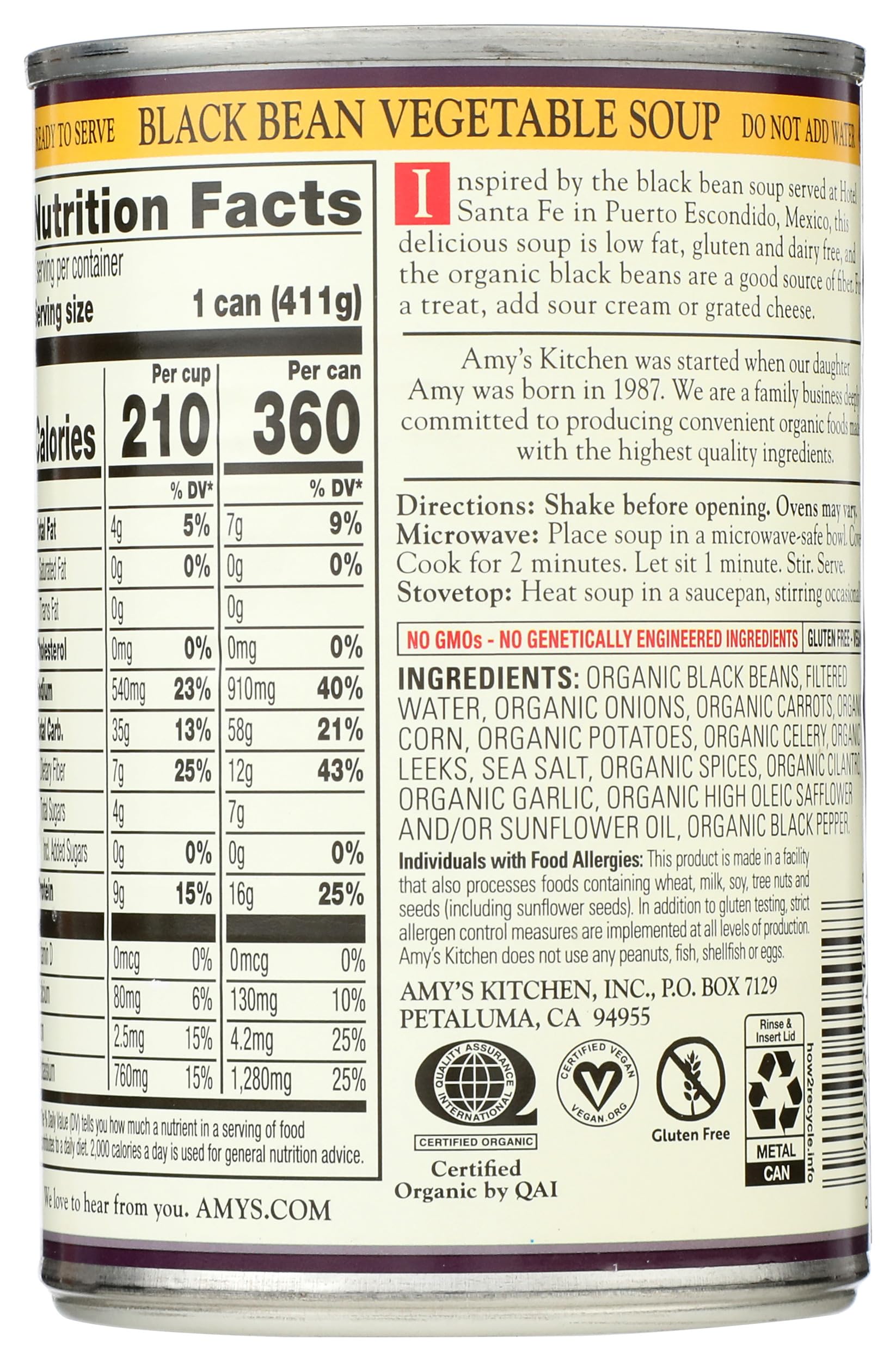 Amy's Organic Black Bean Vegetable Soup, 14.5 Ounce