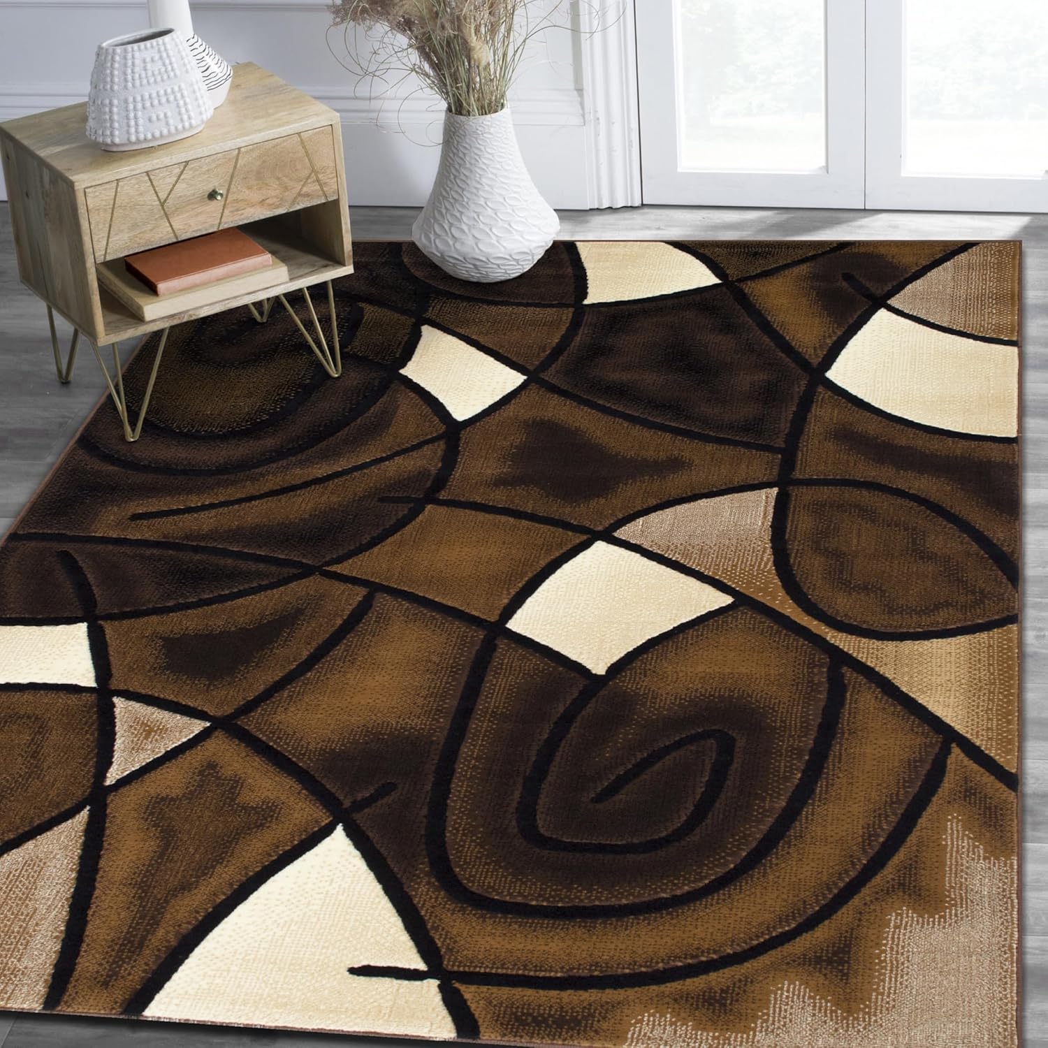 HR Chocolate/Brown/Beige/Black Abstract Area Rug - Modern Contemporary, Bedroom Rug with Circles Wave Design Pattern - Shed-Free & Easy to Maintain Elegance. 5’ x 7’Carpet